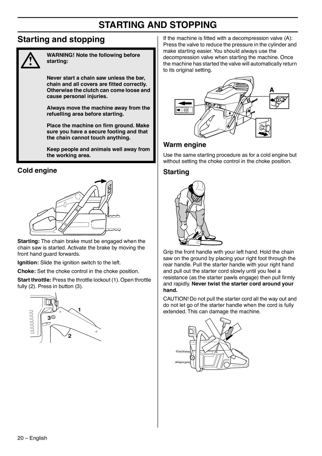 Husqvarna 1153183-26 manual Starting and Stopping, Starting and stopping, Cold engine, Warm engine 