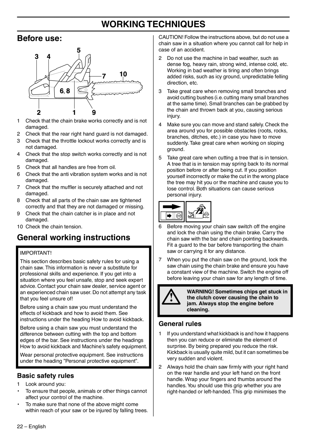 Husqvarna 1153183-26 manual Working Techniques, Before use, General working instructions, Basic safety rules 