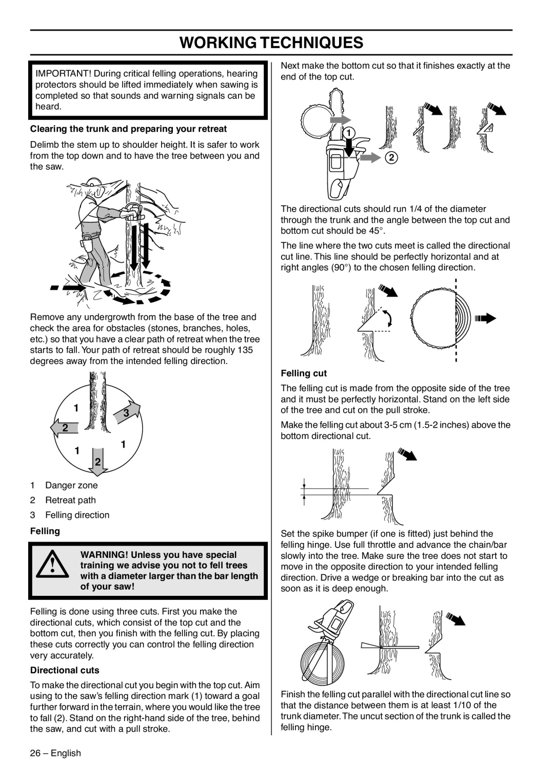 Husqvarna 1153183-26 manual Clearing the trunk and preparing your retreat, Felling cut, Directional cuts 