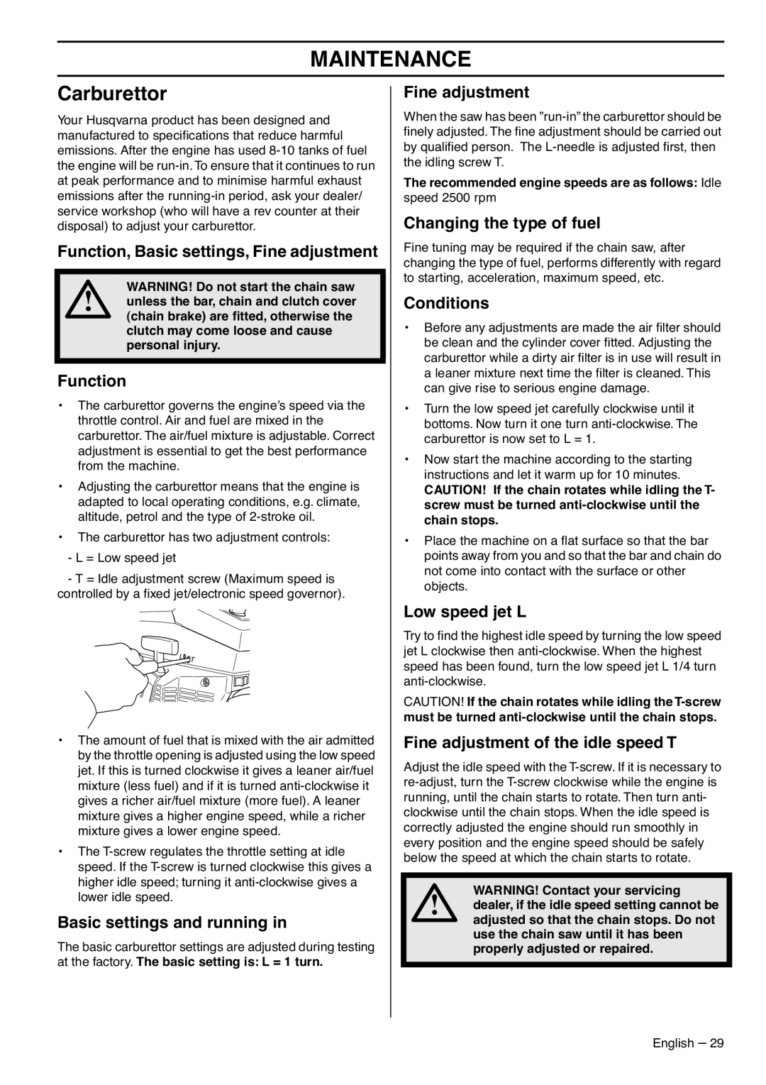 Husqvarna 1153183-26 manual Maintenance, Carburettor 