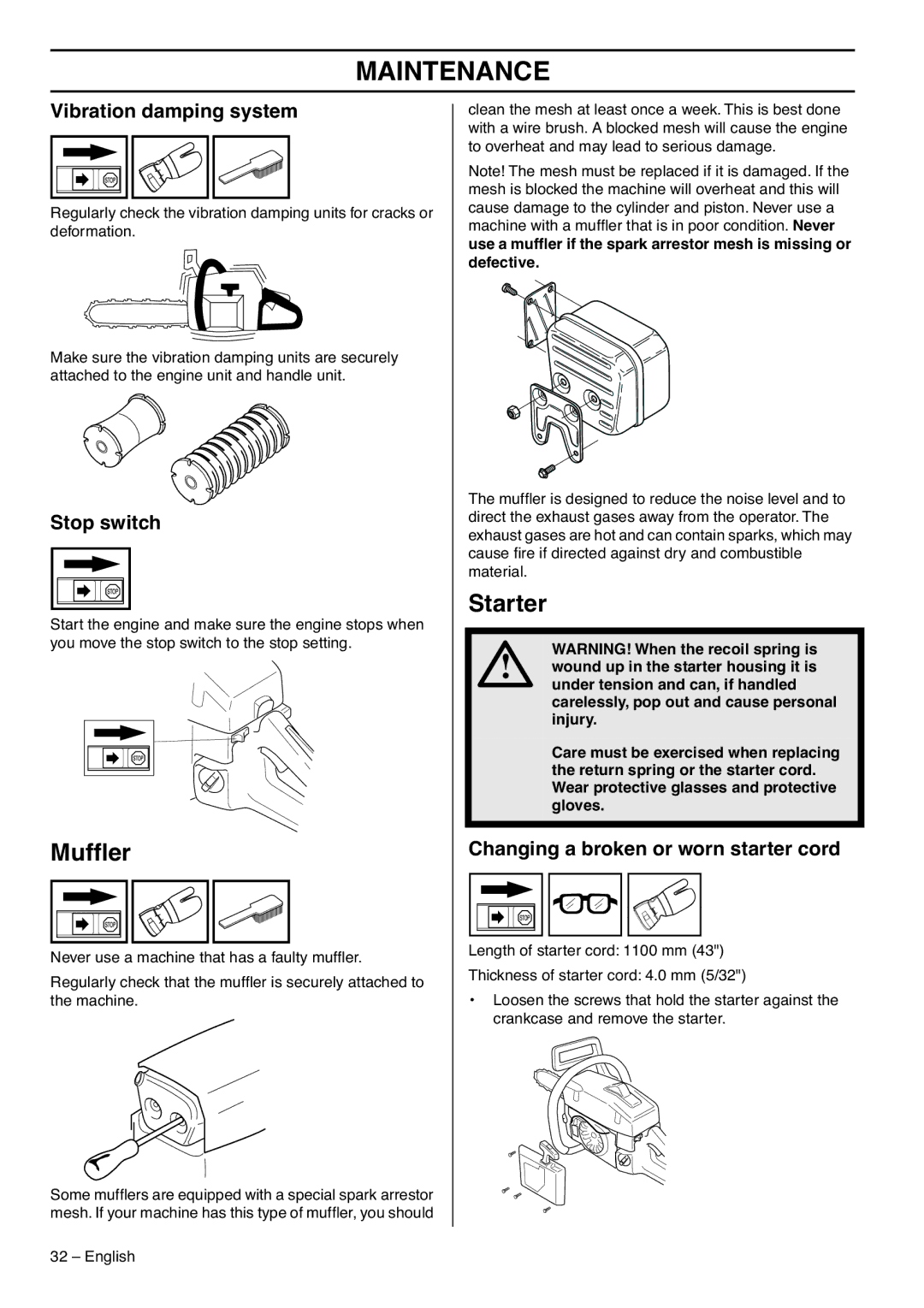 Husqvarna 1153183-26 manual Mufﬂer, Starter, Changing a broken or worn starter cord 