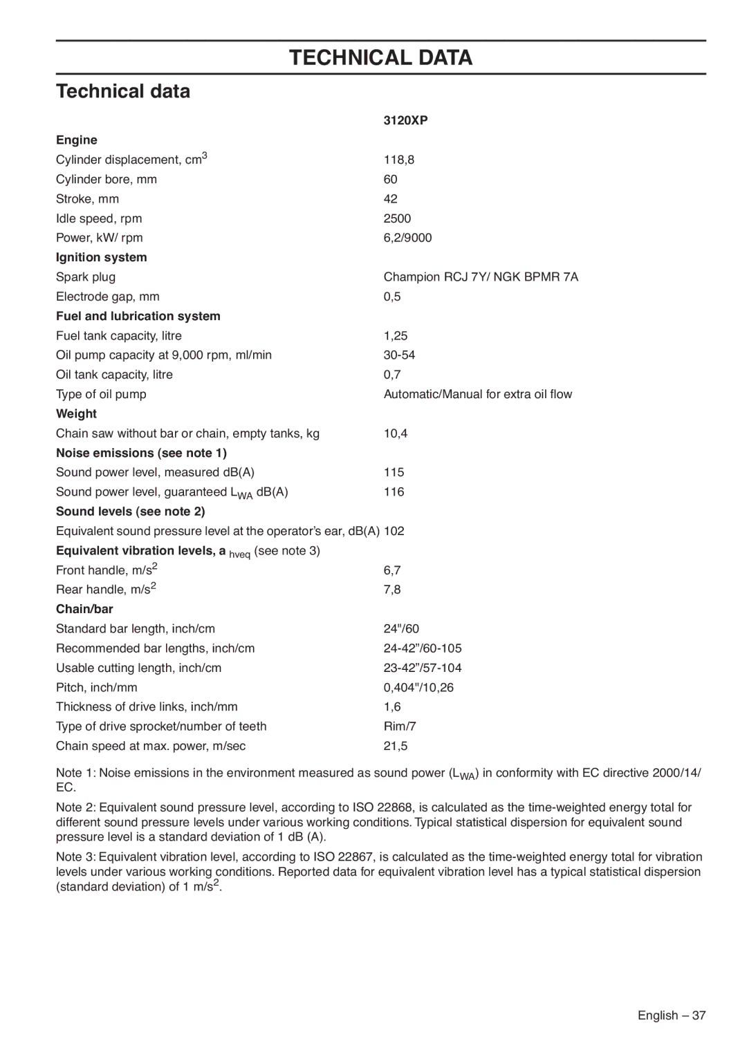 Husqvarna 1153183-26 manual Technical Data, Technical data 