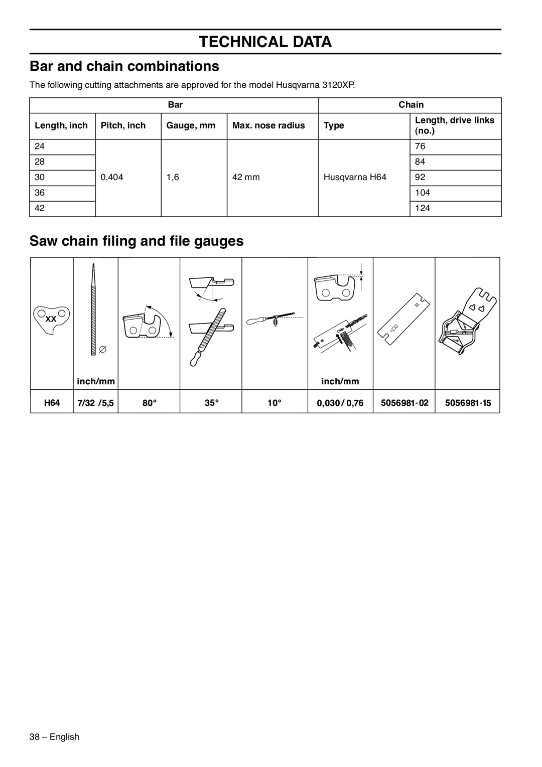 Husqvarna 1153183-26 manual Bar and chain combinations, Saw chain ﬁling and ﬁle gauges 