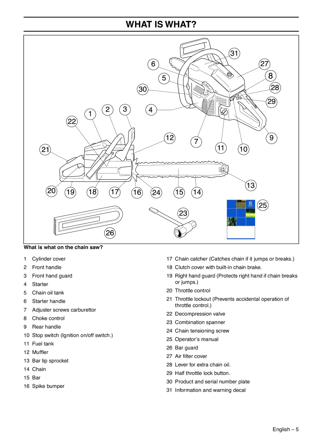 Husqvarna 1153183-26 manual What is WHAT?, What is what on the chain saw? 