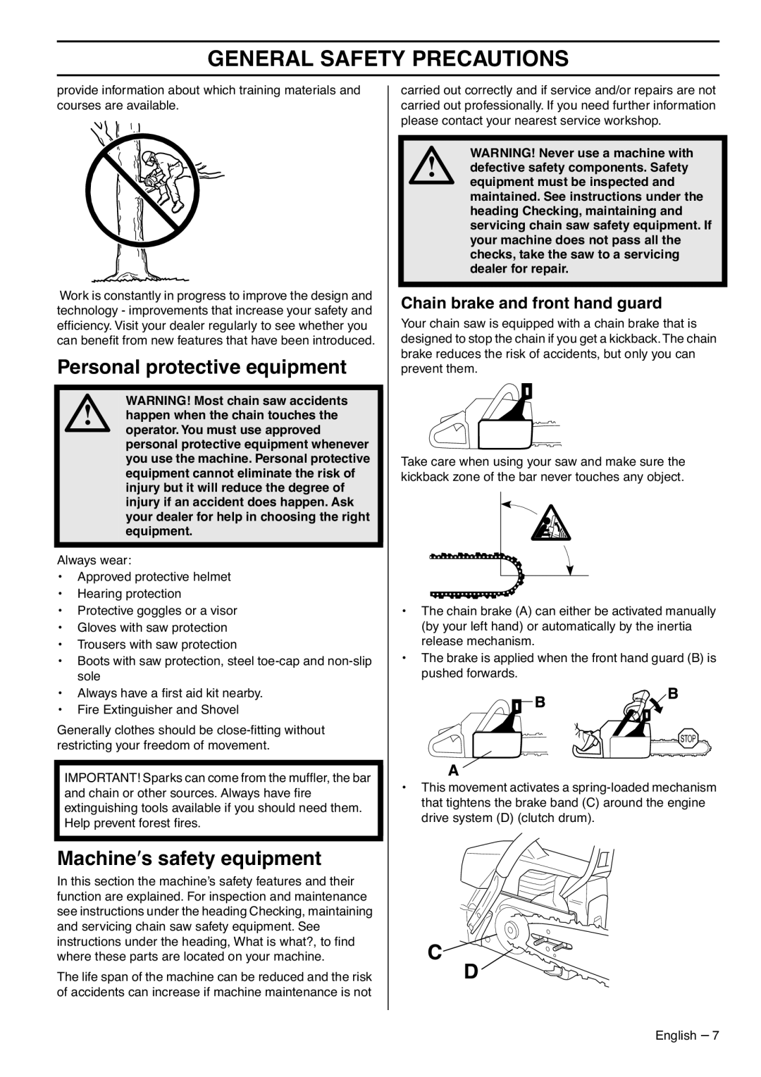 Husqvarna 1153183-26 manual Personal protective equipment, Machine′s safety equipment, Chain brake and front hand guard 