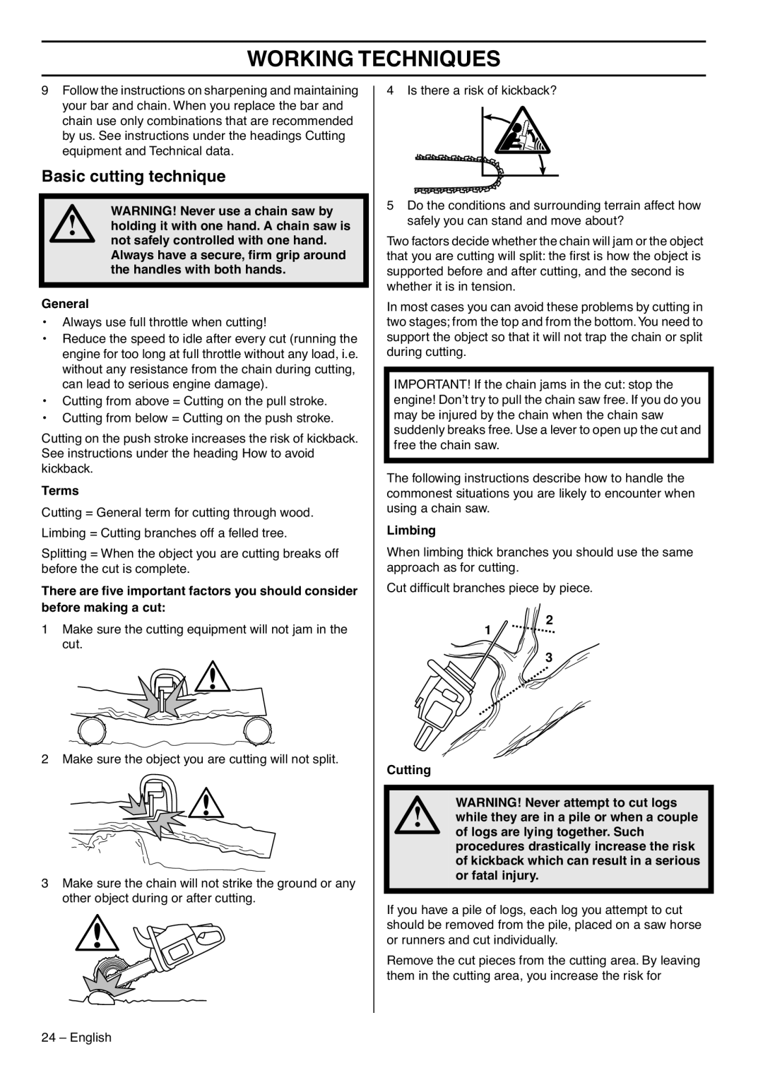 Husqvarna 1153183-26 manual Basic cutting technique, WARNING! Never use a chain saw by, General, Terms, Limbing 