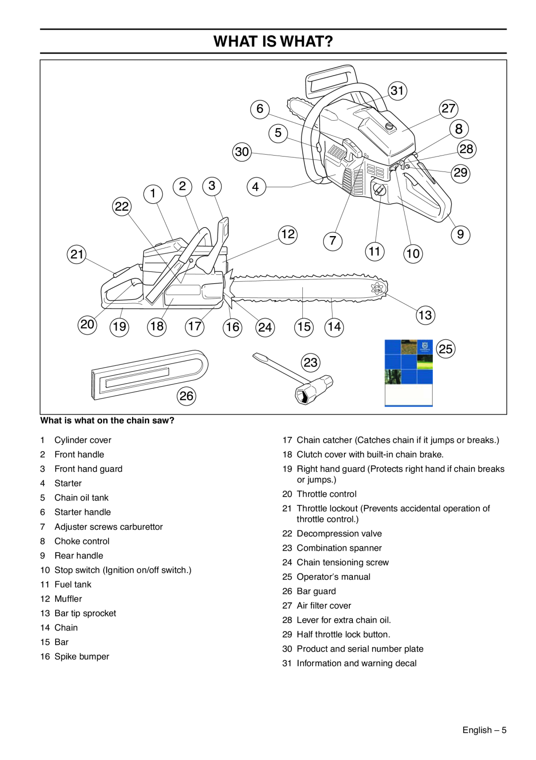 Husqvarna 1153183-26 manual What Is What?, What is what on the chain saw? 