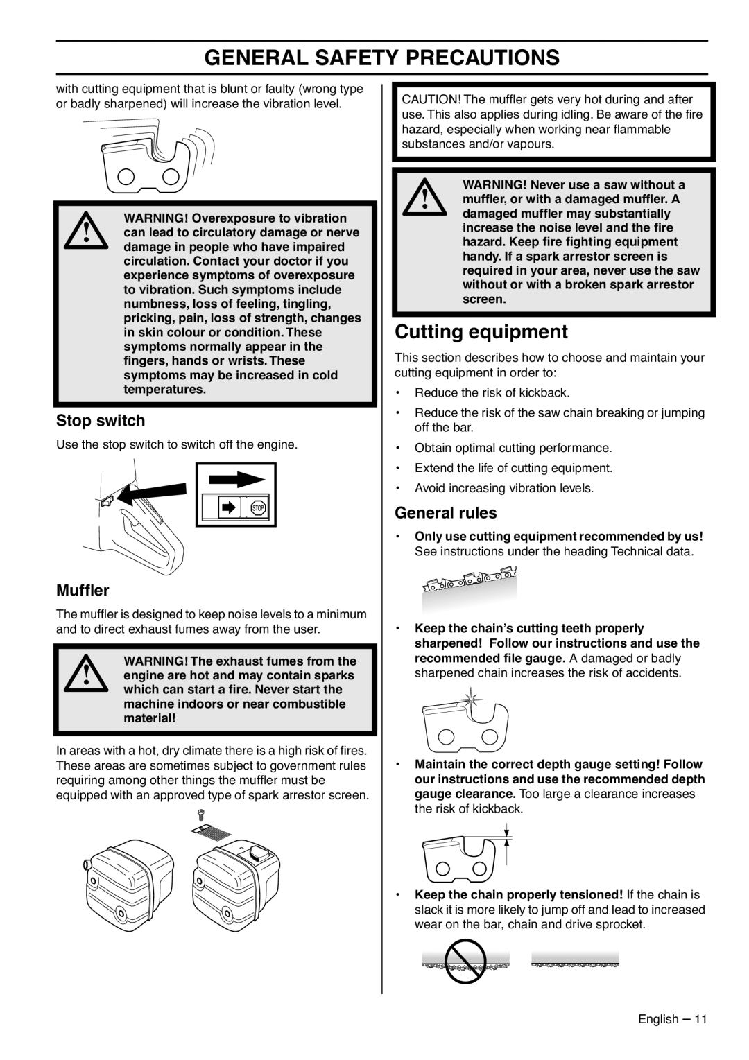 Husqvarna 1153183-95 manual Cutting equipment, Stop switch, Mufﬂer, General rules 