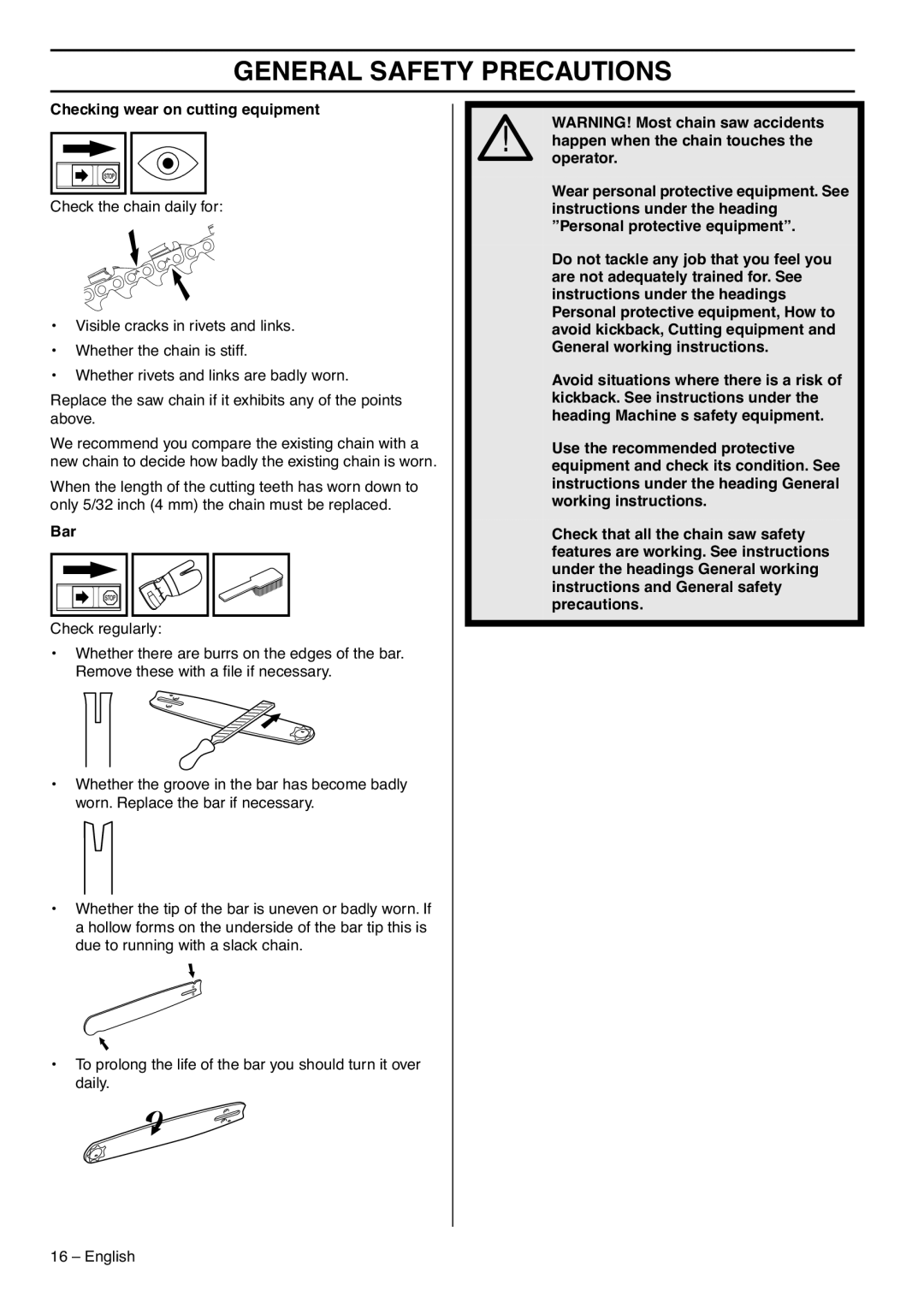 Husqvarna 1153183-95 manual Checking wear on cutting equipment, Bar 