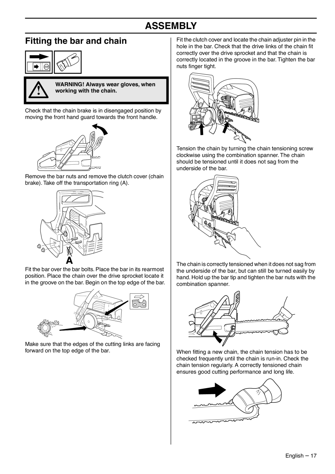 Husqvarna 1153183-95 manual Assembly, Fitting the bar and chain, Working with the chain 