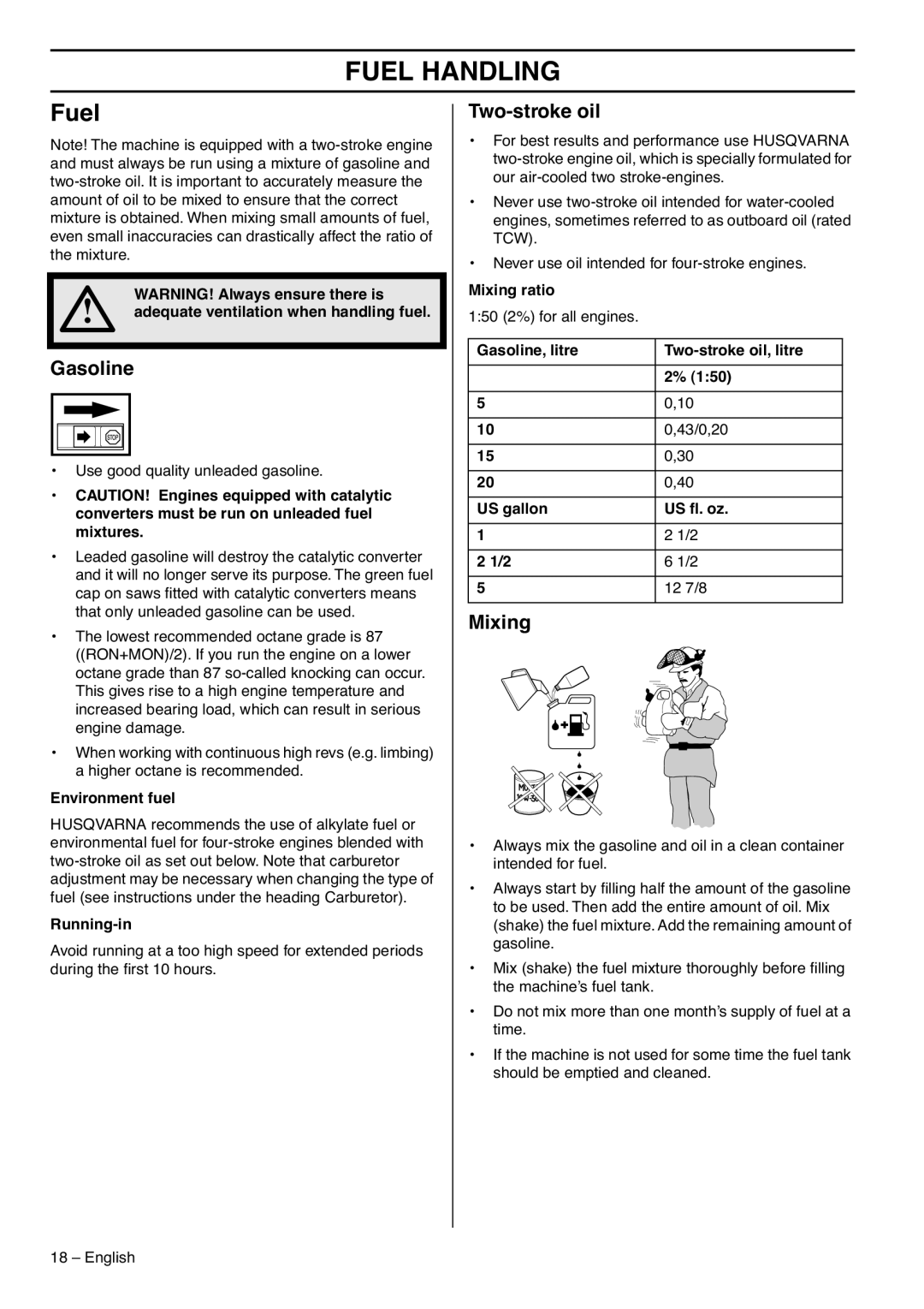 Husqvarna 1153183-95 manual Fuel Handling, Gasoline, Two-stroke oil, Mixing 