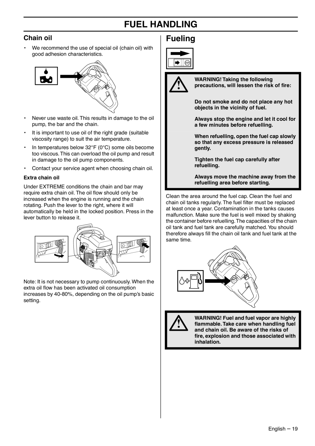 Husqvarna 1153183-95 manual Fueling, Chain oil, Extra chain oil 