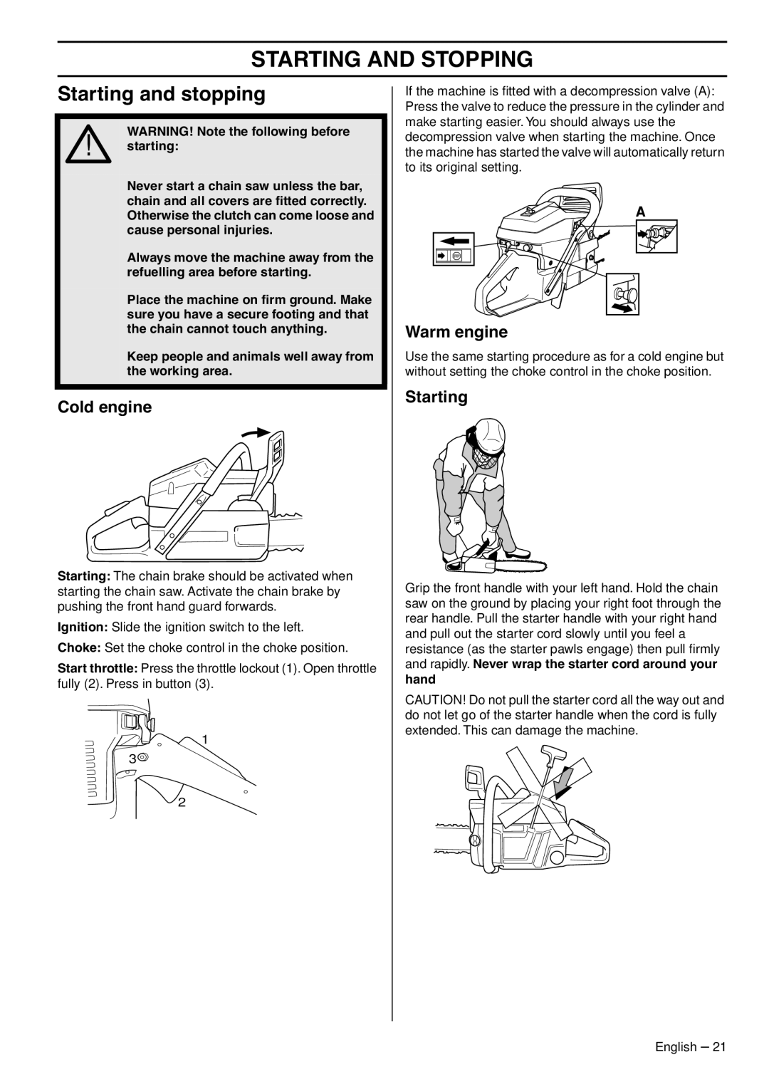 Husqvarna 1153183-95 manual Starting and Stopping, Starting and stopping, Cold engine, Warm engine 