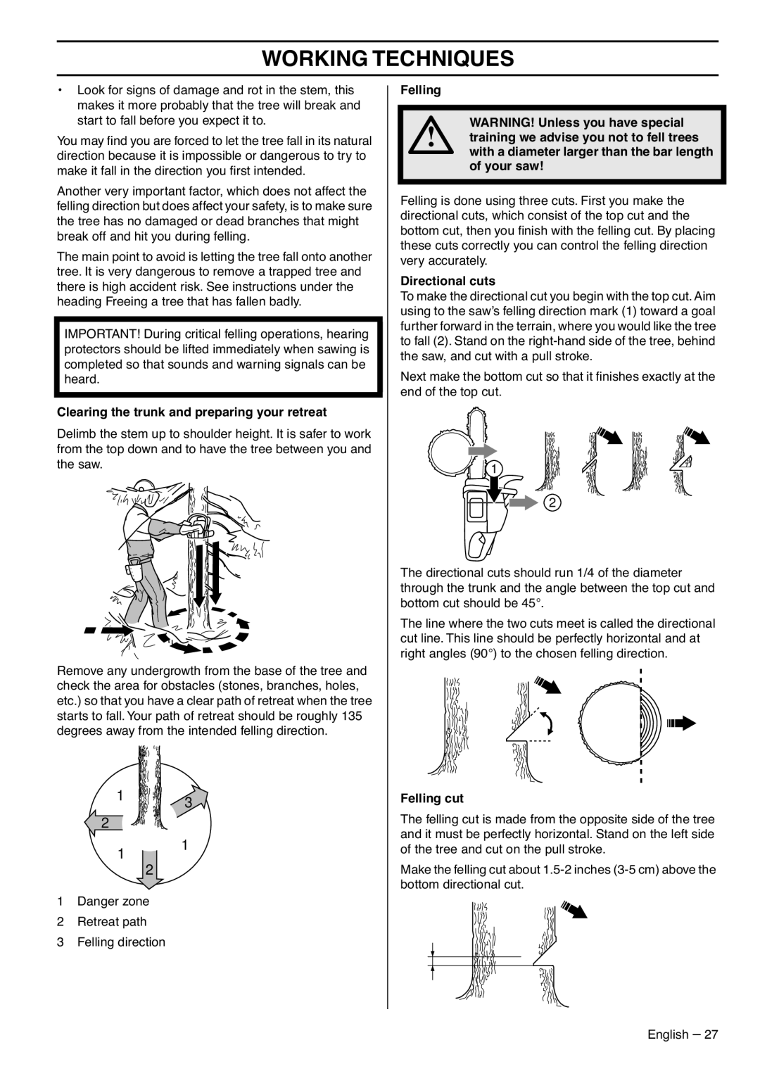 Husqvarna 1153183-95 manual Clearing the trunk and preparing your retreat, Directional cuts, Felling cut 