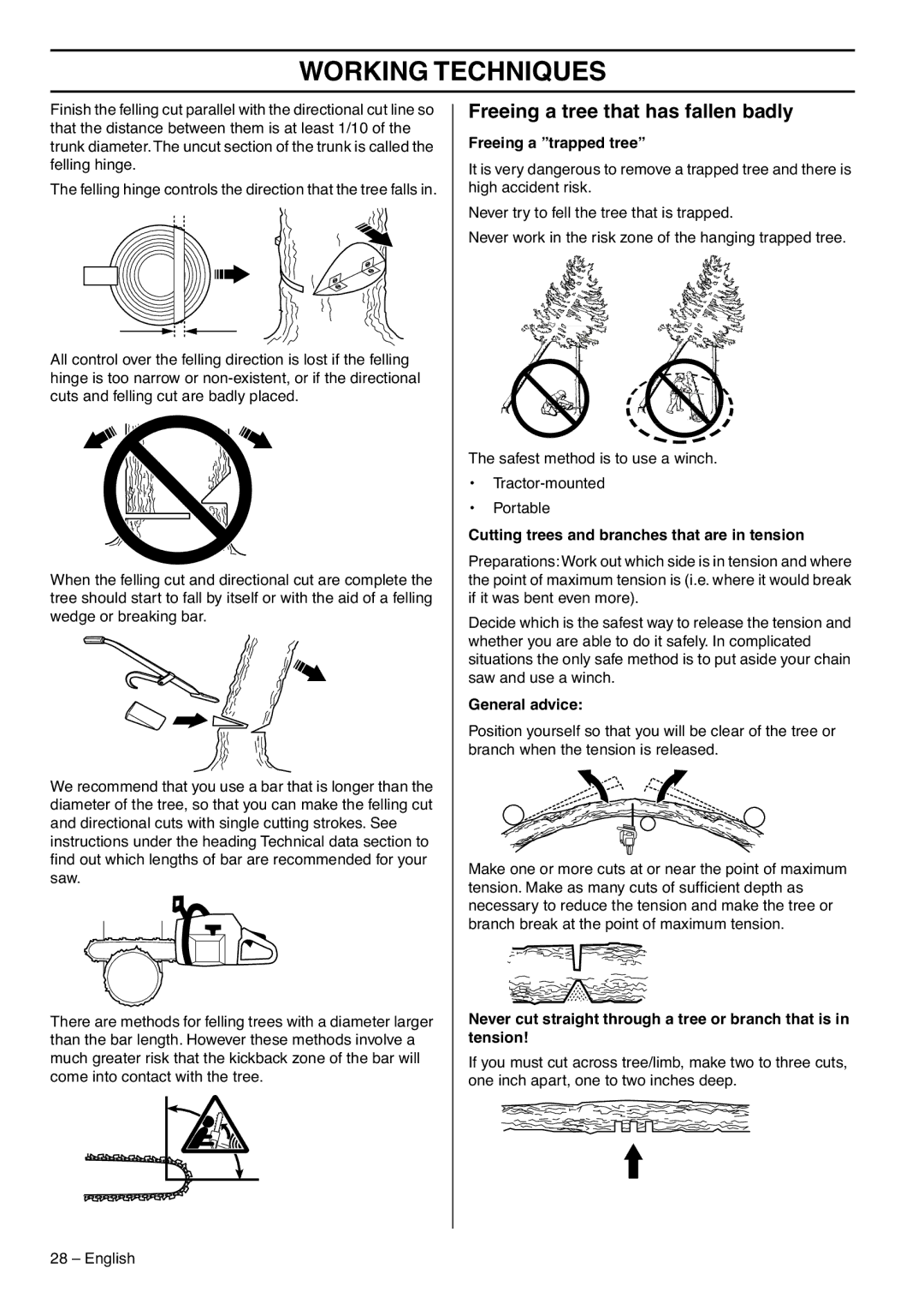 Husqvarna 1153183-95 manual Freeing a tree that has fallen badly, Freeing a trapped tree, General advice 