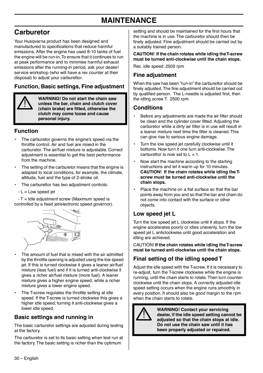 Husqvarna 1153183-95 manual Maintenance, Carburetor 