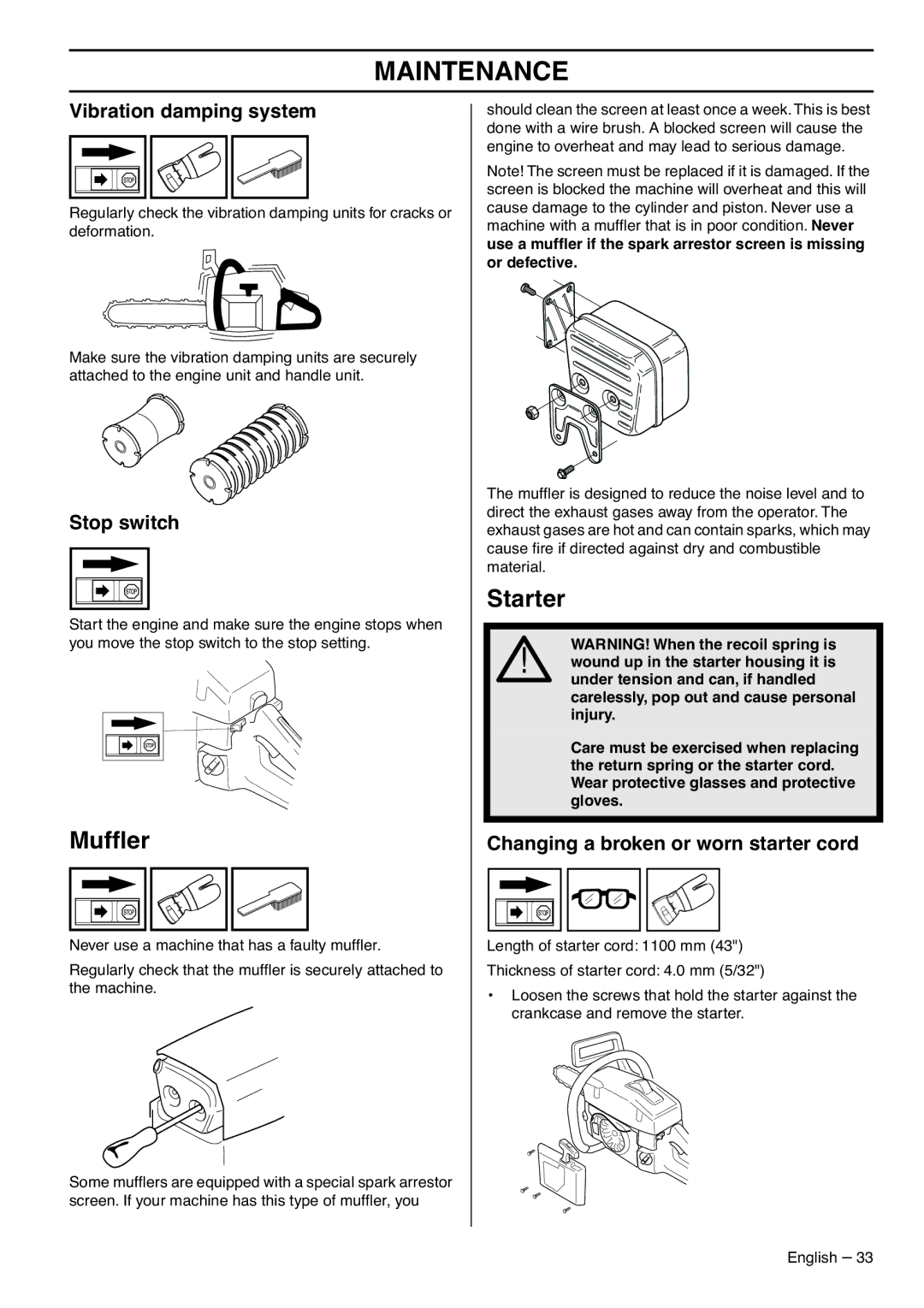 Husqvarna 1153183-95 manual Mufﬂer, Starter, Changing a broken or worn starter cord 