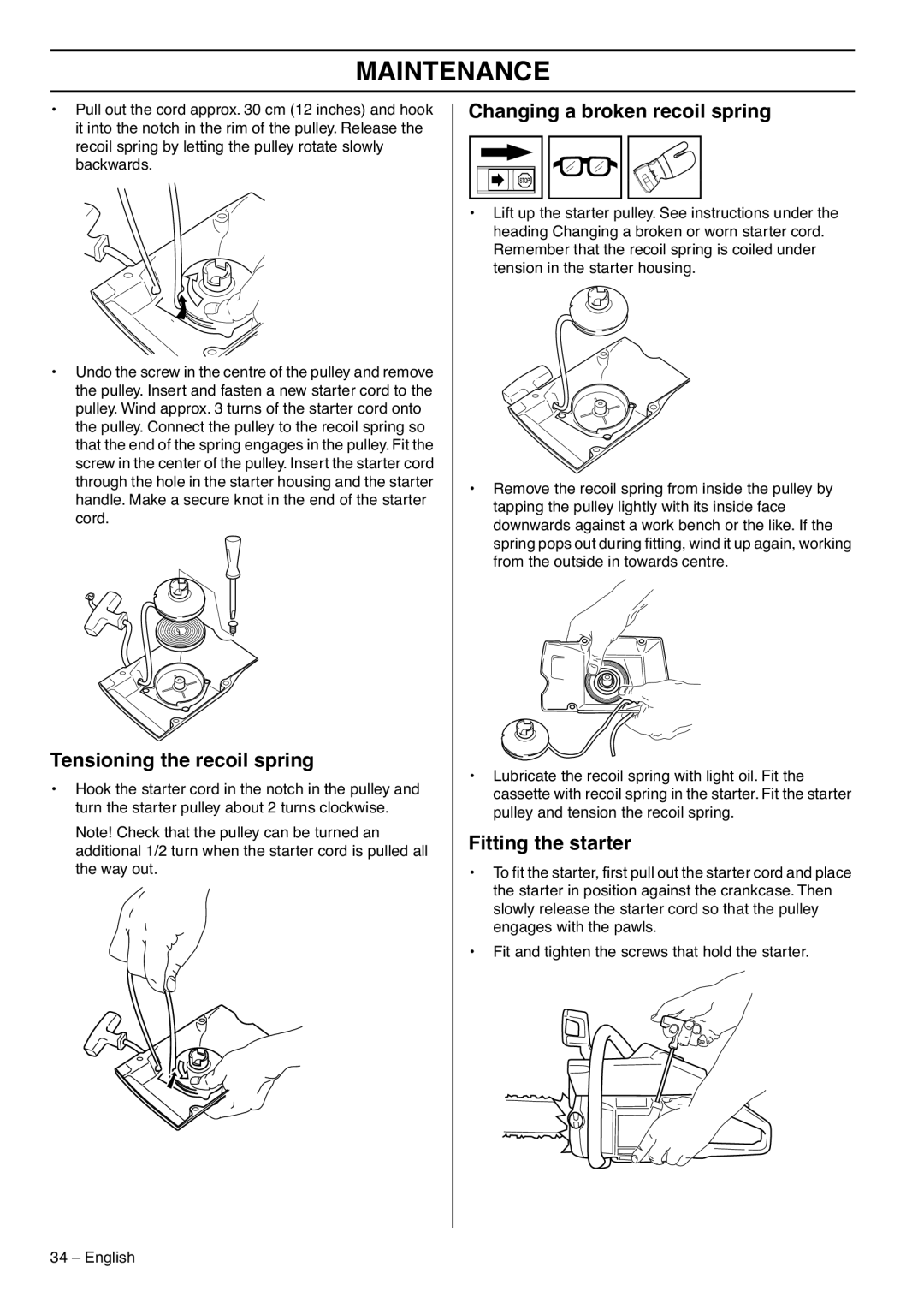 Husqvarna 1153183-95 manual Tensioning the recoil spring, Changing a broken recoil spring, Fitting the starter 