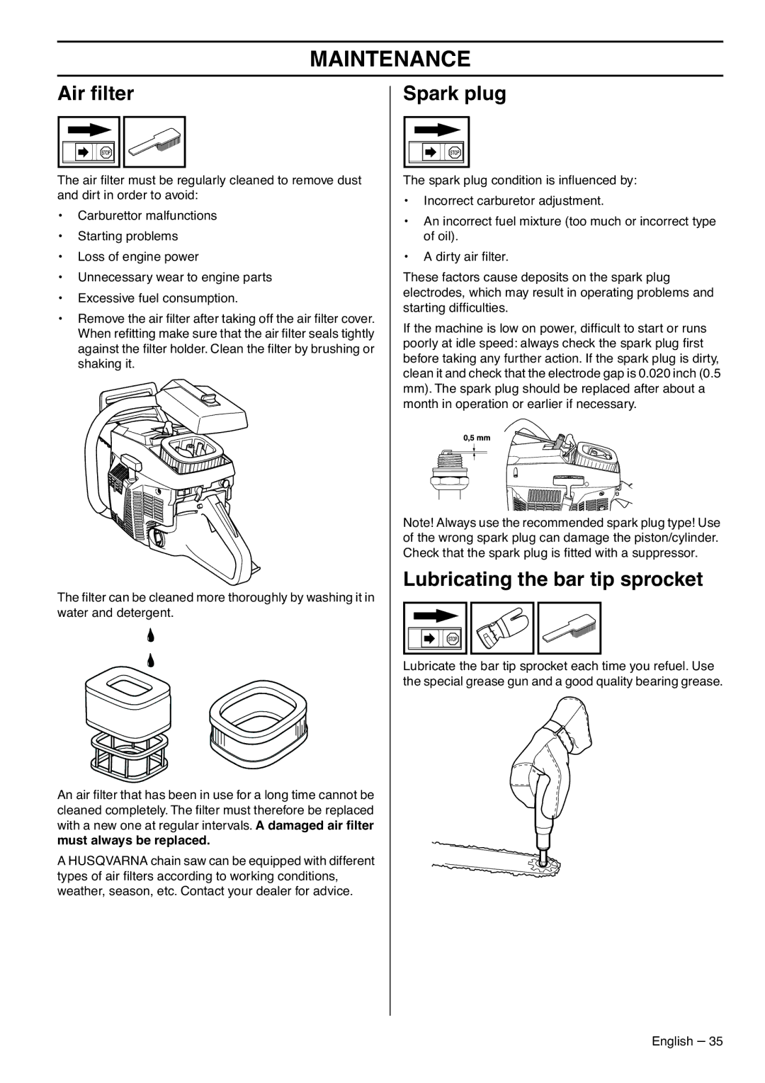 Husqvarna 1153183-95 manual Air ﬁlter, Spark plug, Lubricating the bar tip sprocket, Must always be replaced 