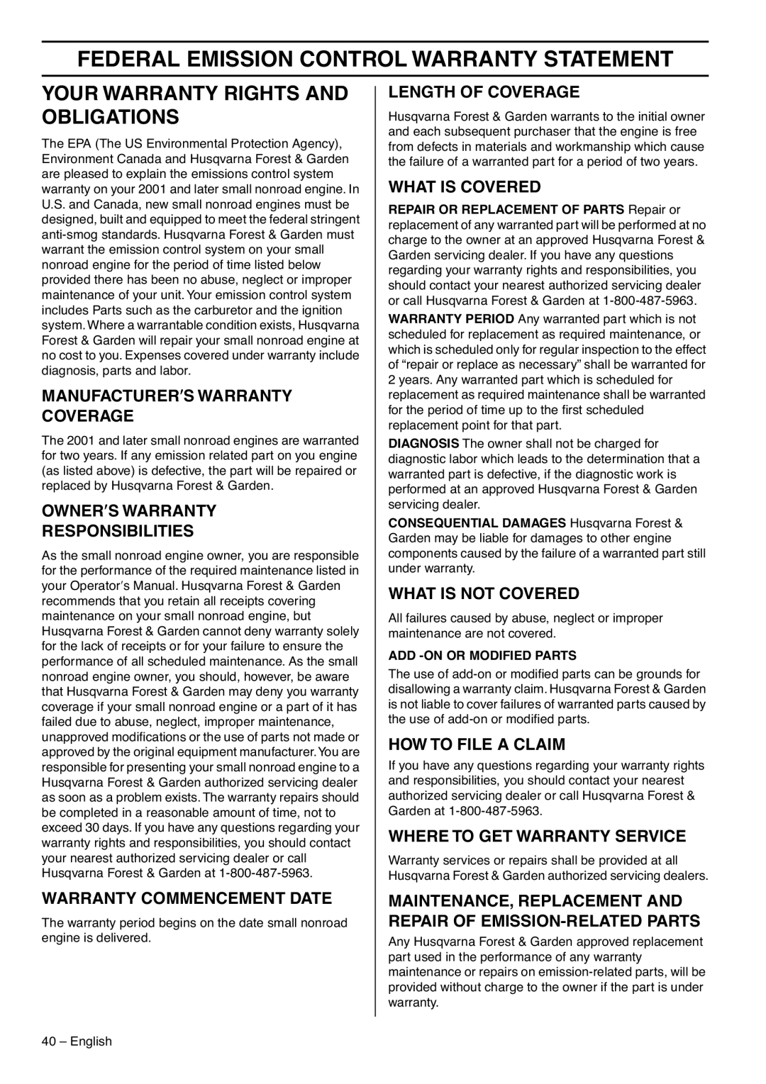 Husqvarna 1153183-95 manual Federal Emission Control Warranty Statement, Your Warranty Rights and Obligations 