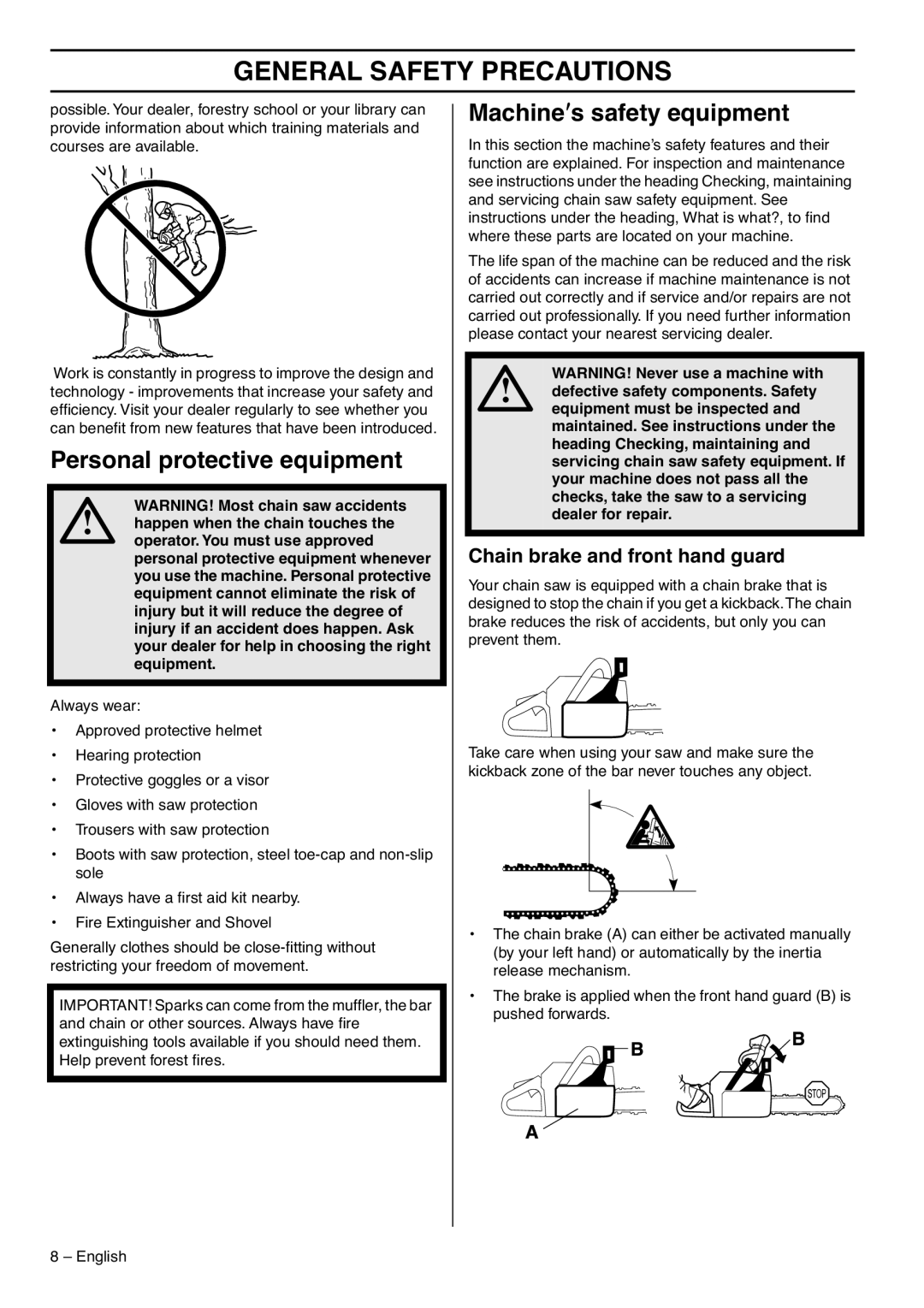 Husqvarna 1153183-95 manual Personal protective equipment, Machine′s safety equipment, Chain brake and front hand guard 