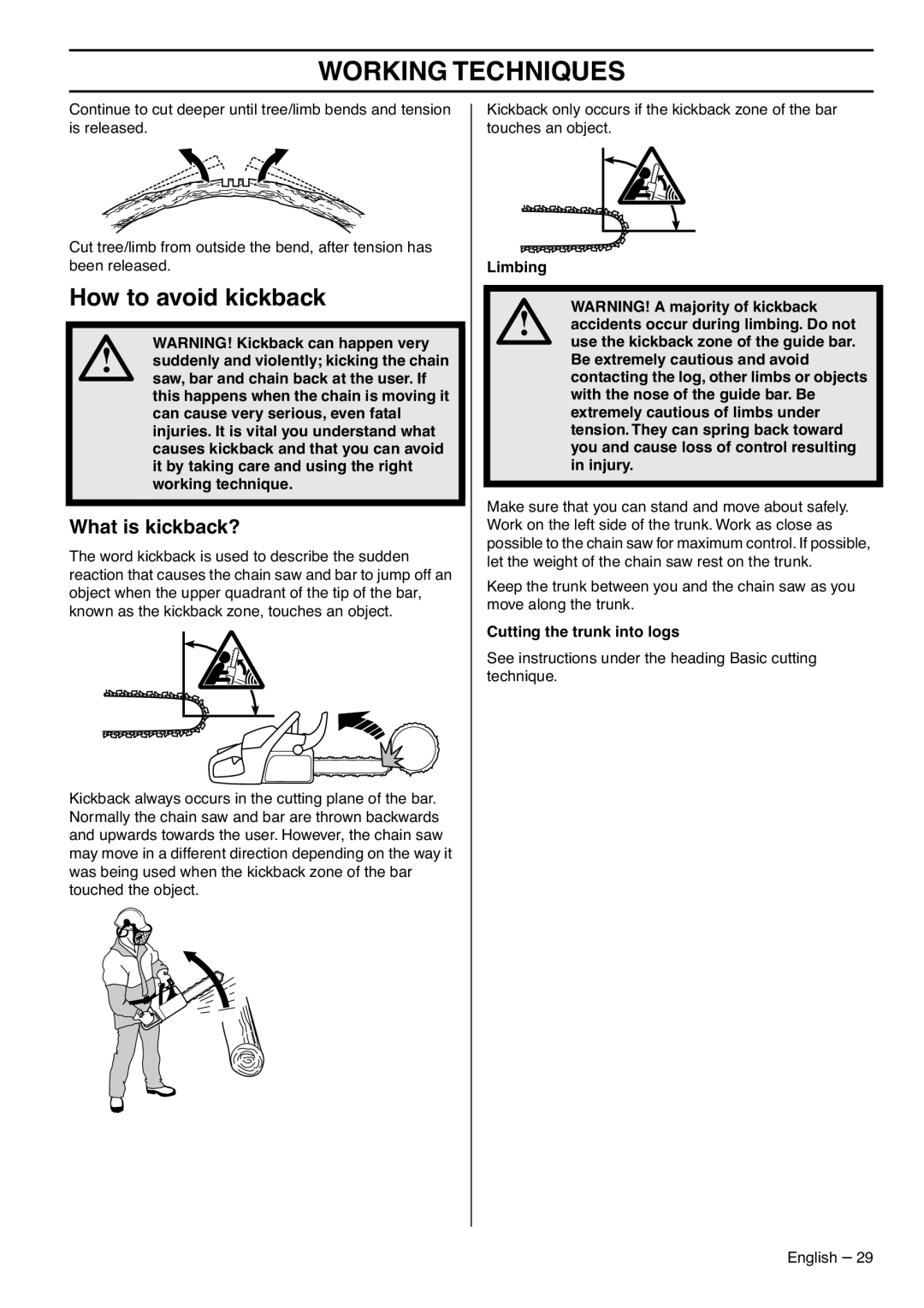 Husqvarna 1153183-95 manual How to avoid kickback, What is kickback?, Working Techniques 