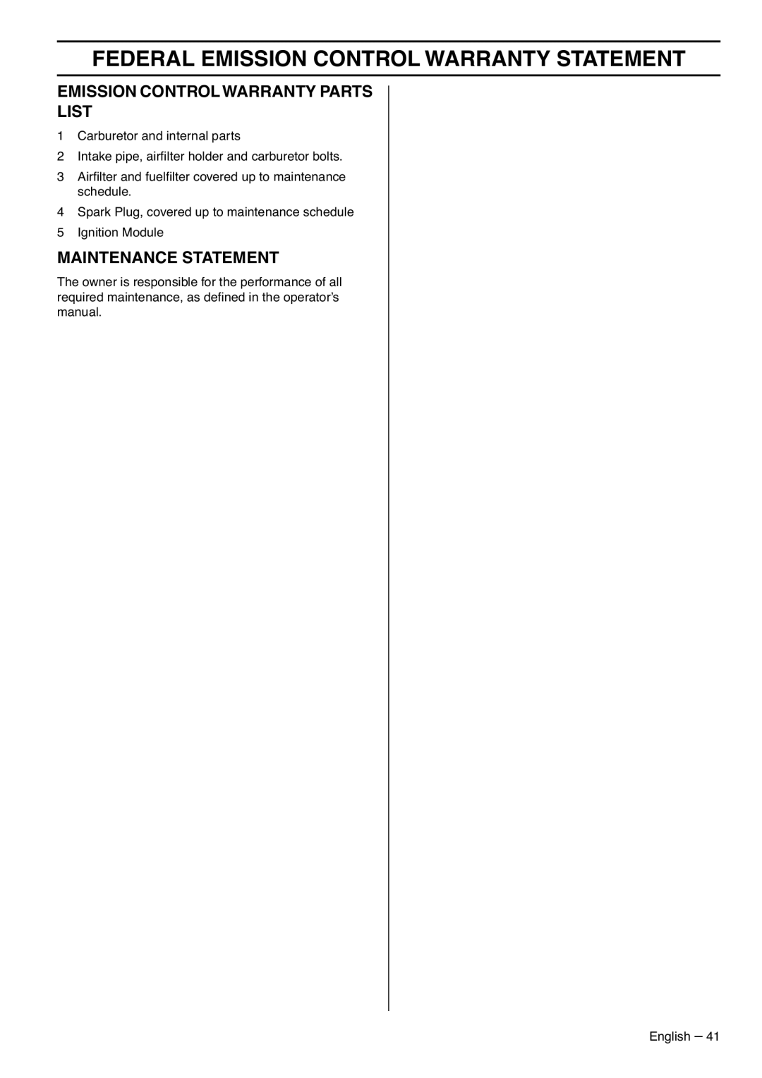 Husqvarna 1153183-95 manual Emission Controlwarranty Parts List, Maintenance Statement 
