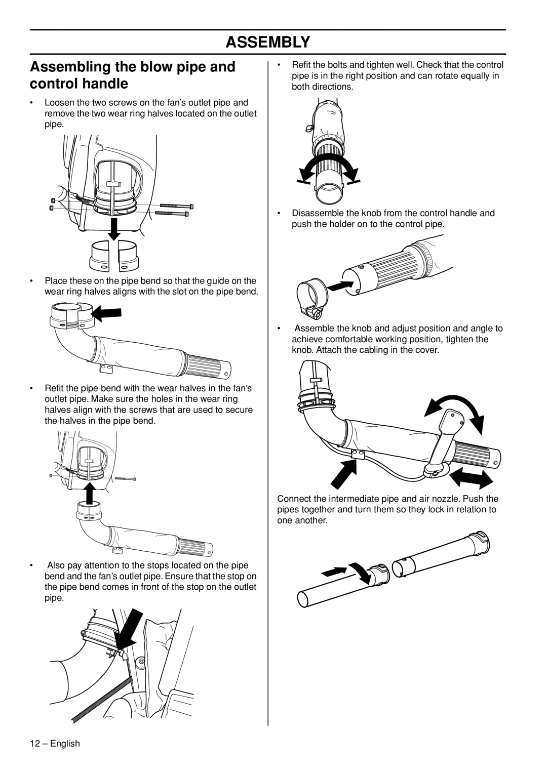 Husqvarna 1153191-26 manual Assembly, Assembling the blow pipe and control handle 