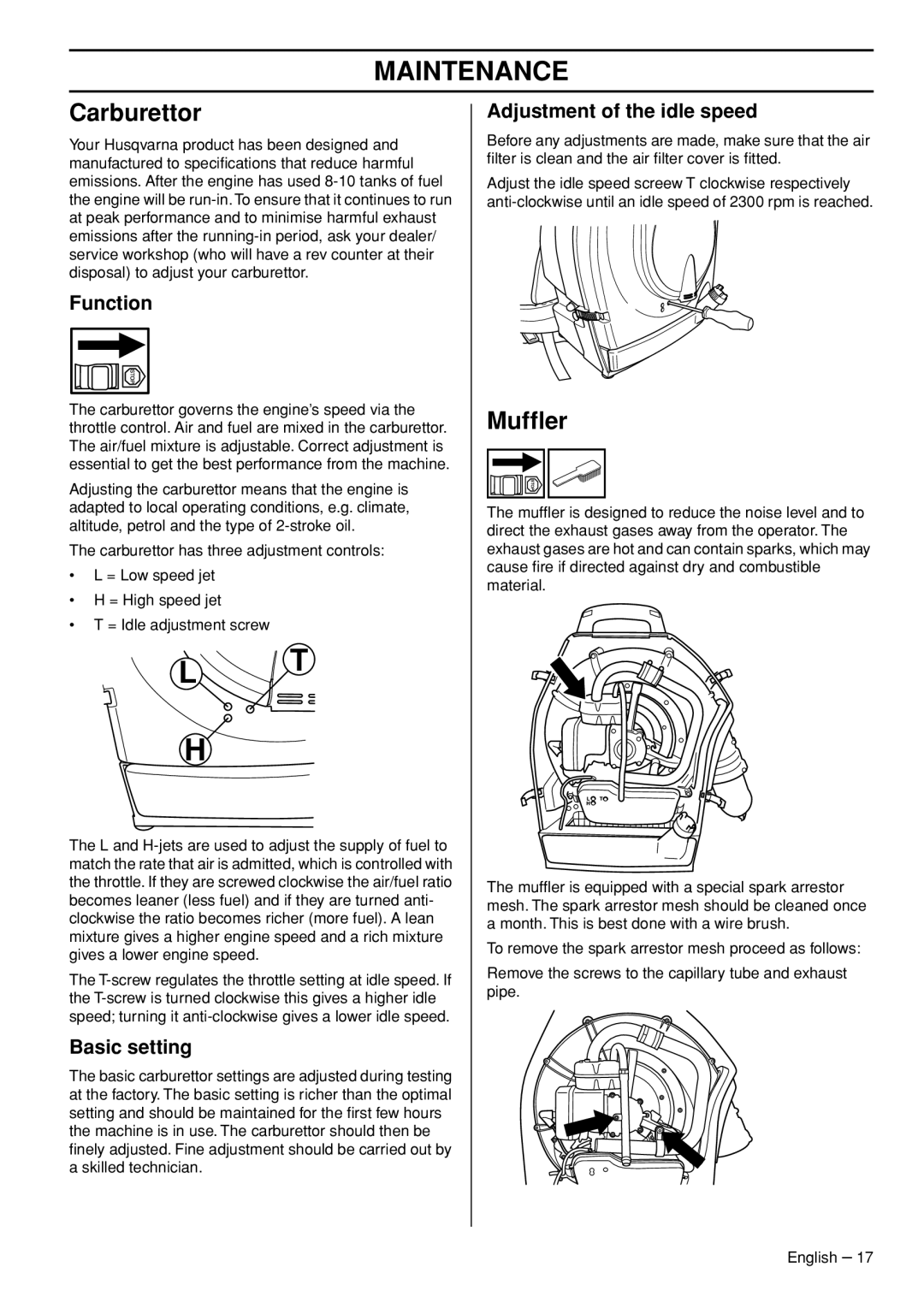 Husqvarna 1153191-26 manual Maintenance, Carburettor, Mufﬂer 