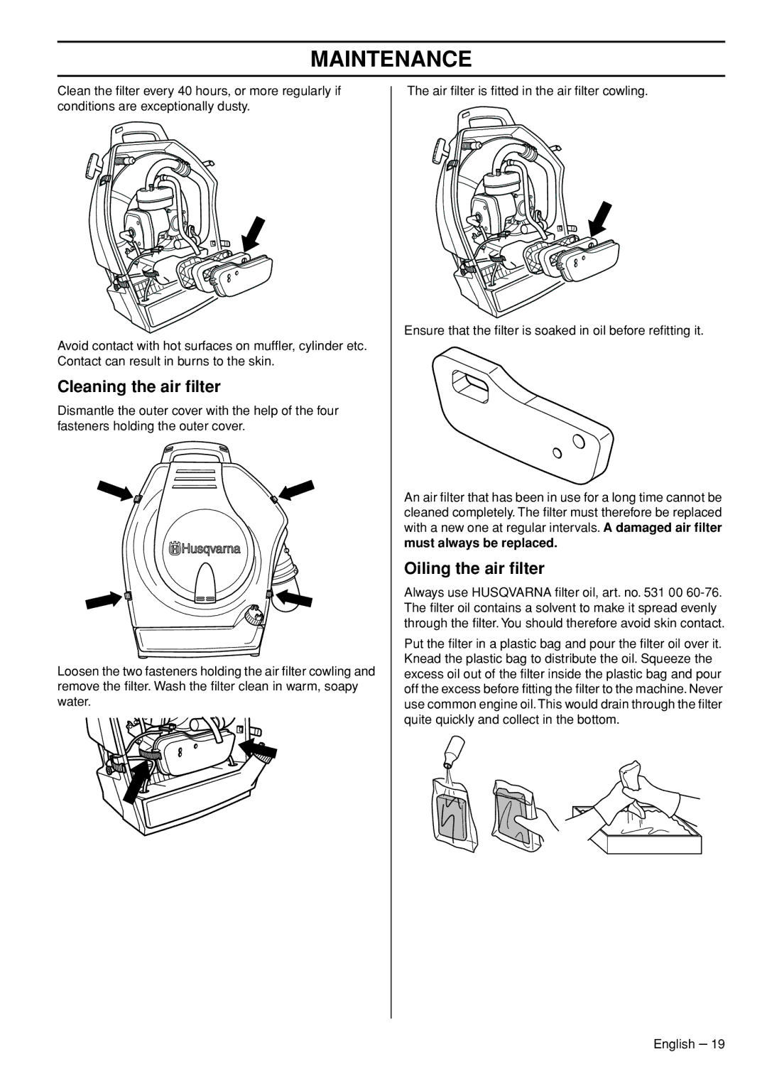 Husqvarna 1153191-26 manual Cleaning the air ﬁlter, Oiling the air ﬁlter, Must always be replaced 