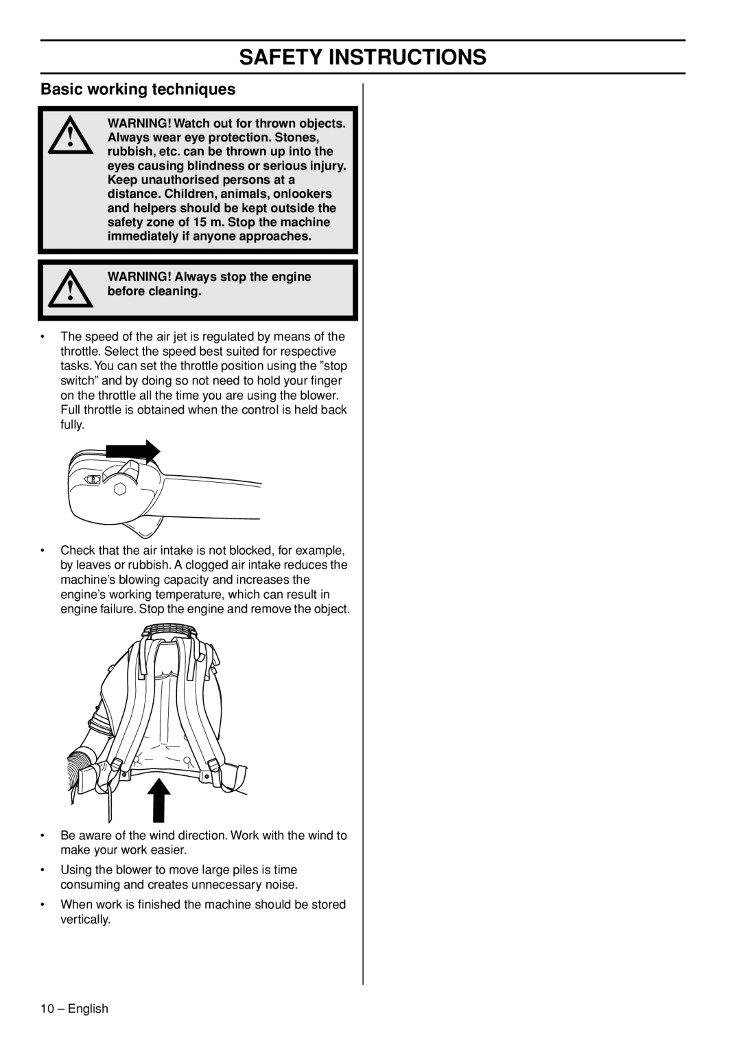 Husqvarna 1153191-26 Basic working techniques, Safety Instructions, WARNING! Watch out for thrown objects, before cleaning 