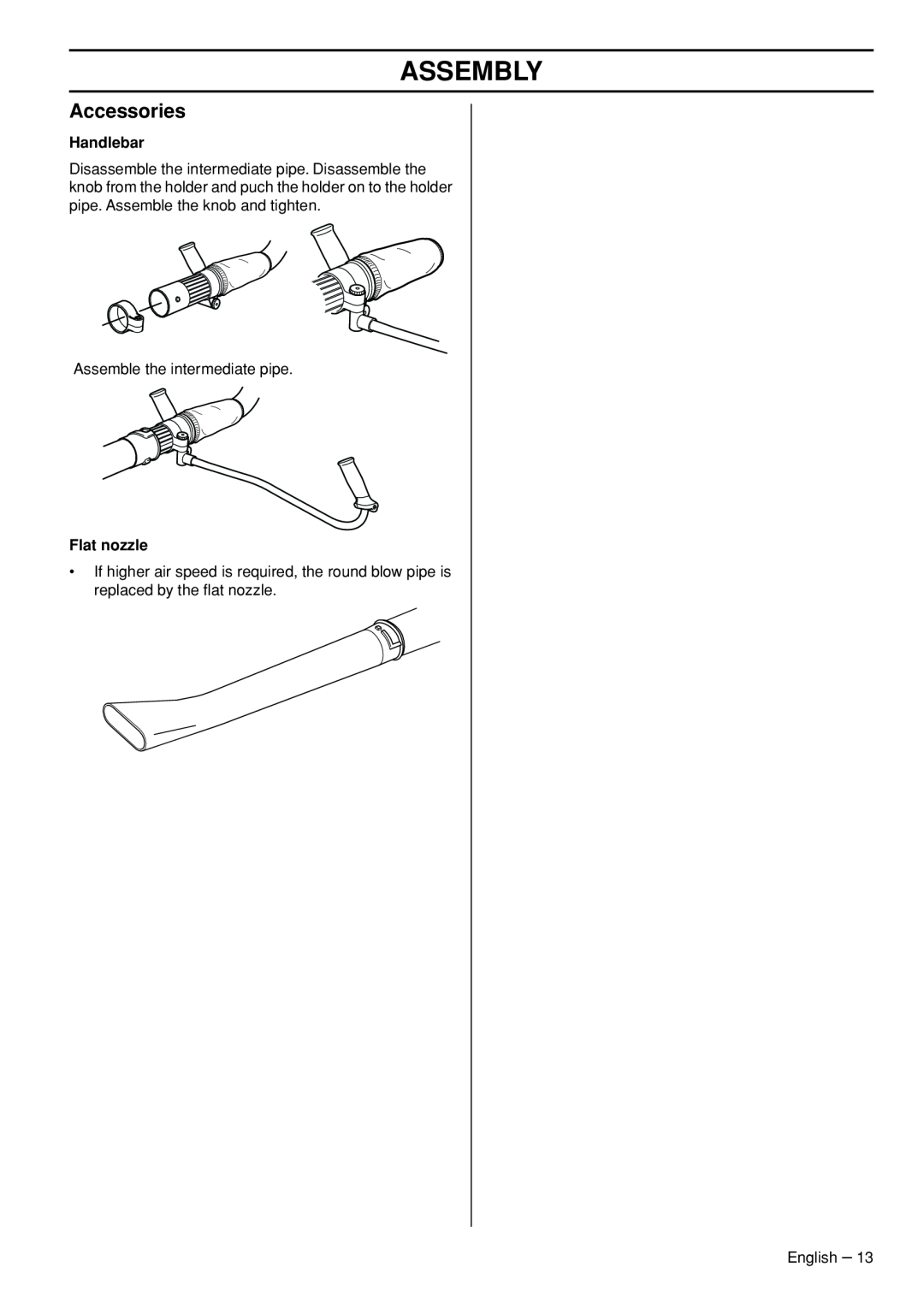 Husqvarna 1153191-26 manual Accessories, Assembly, Handlebar, Flat nozzle 
