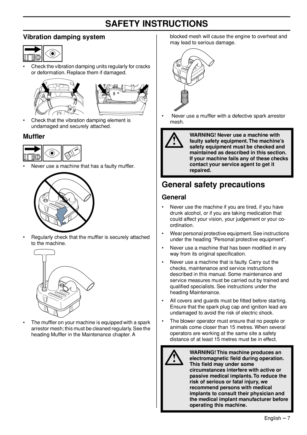 Husqvarna 1153191-26 manual General safety precautions, Safety Instructions, Vibration damping system, Mufﬂer 