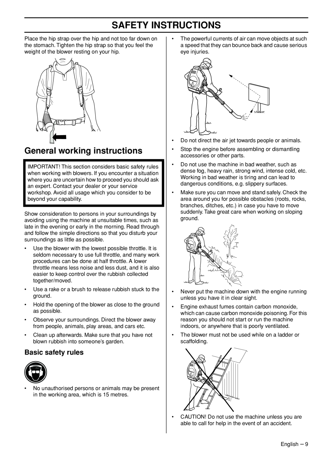 Husqvarna 1153191-26 manual General working instructions, Basic safety rules, Safety Instructions 