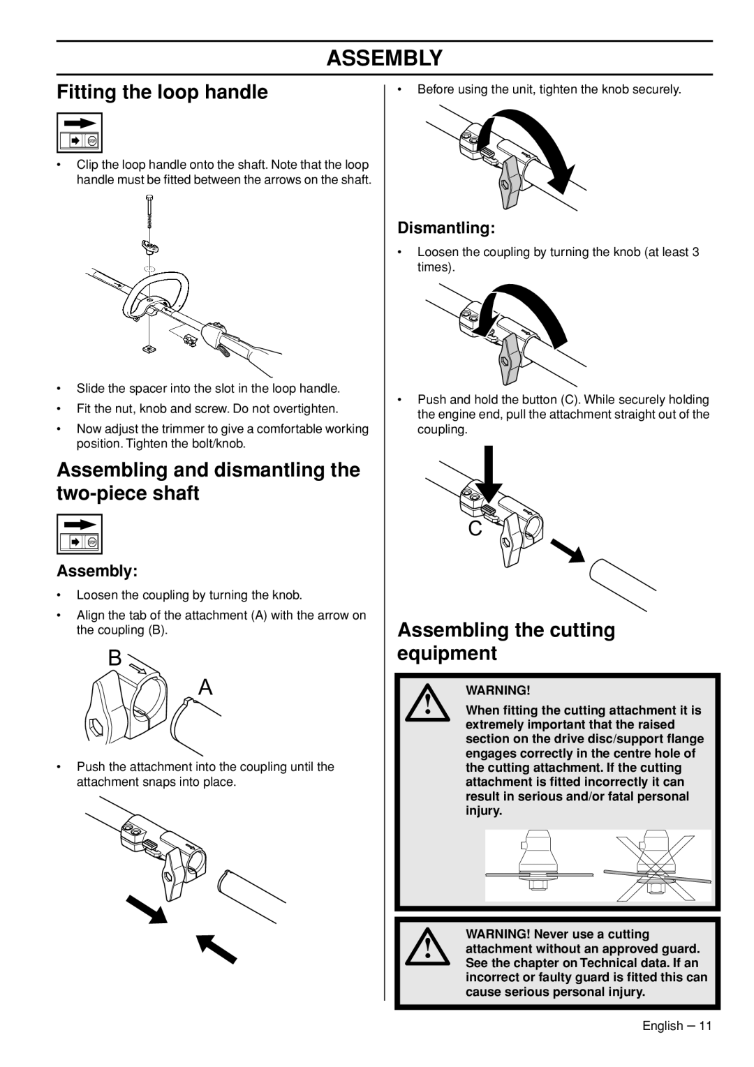 Husqvarna 1153286-26 manual Assembly, Fitting the loop handle, Assembling and dismantling the two-piece shaft 