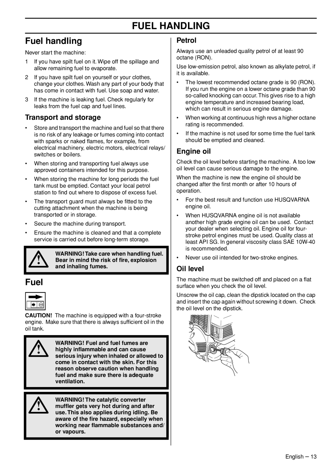 Husqvarna 1153286-26 manual Fuel Handling, Fuel handling 