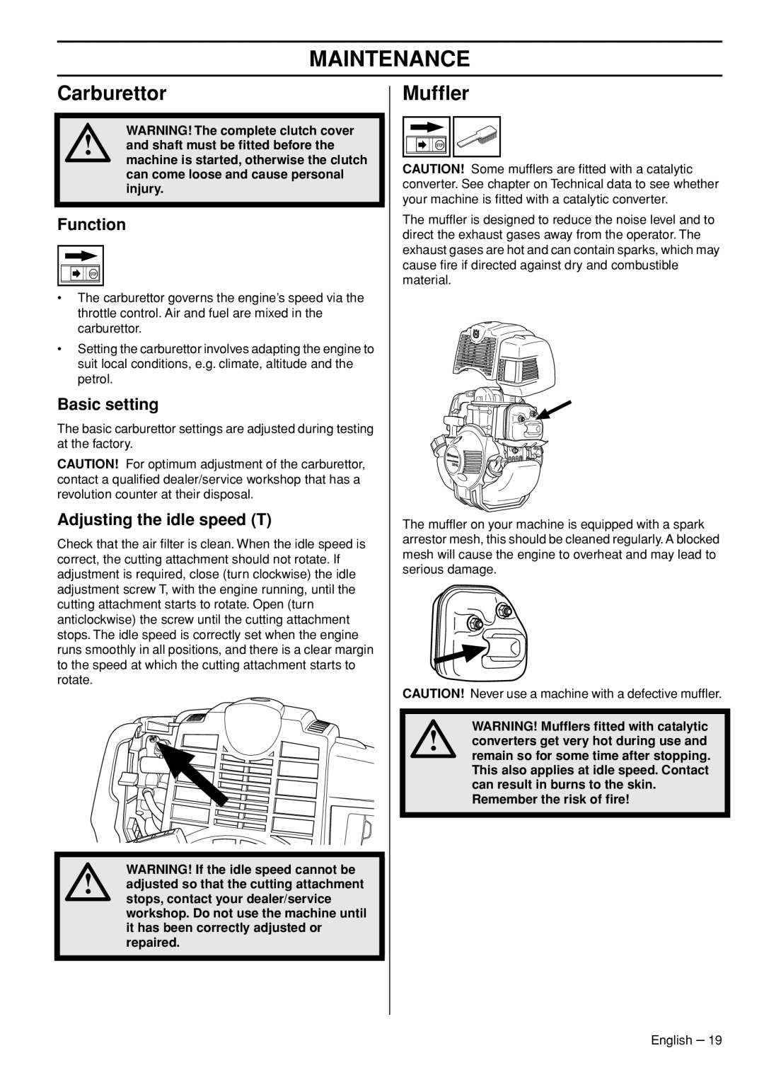 Husqvarna 1153286-26 manual Maintenance, Carburettor, Mufﬂer 