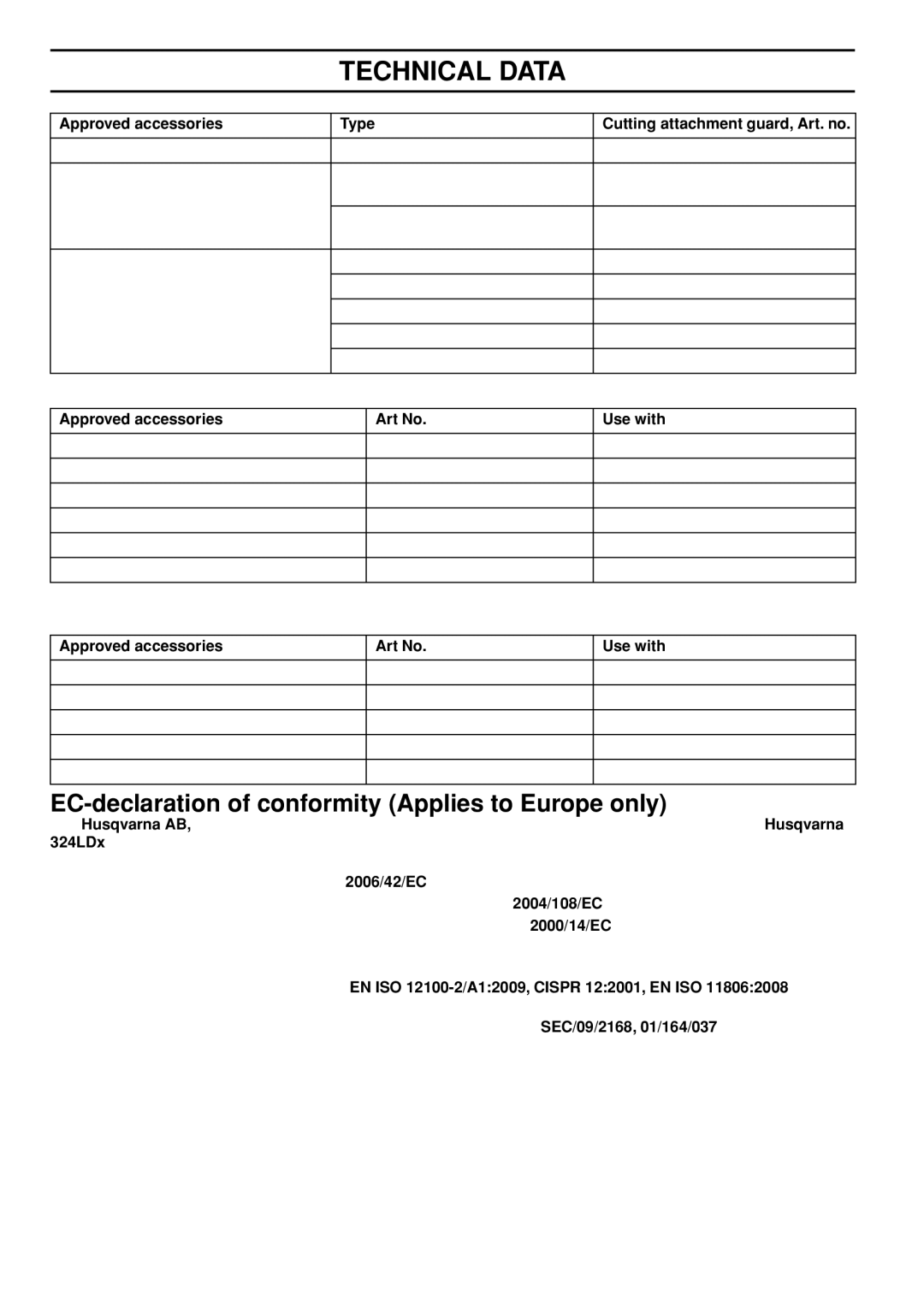 Husqvarna 1153286-26 manual EC-declaration of conformity Applies to Europe only, Approved accessories Type 