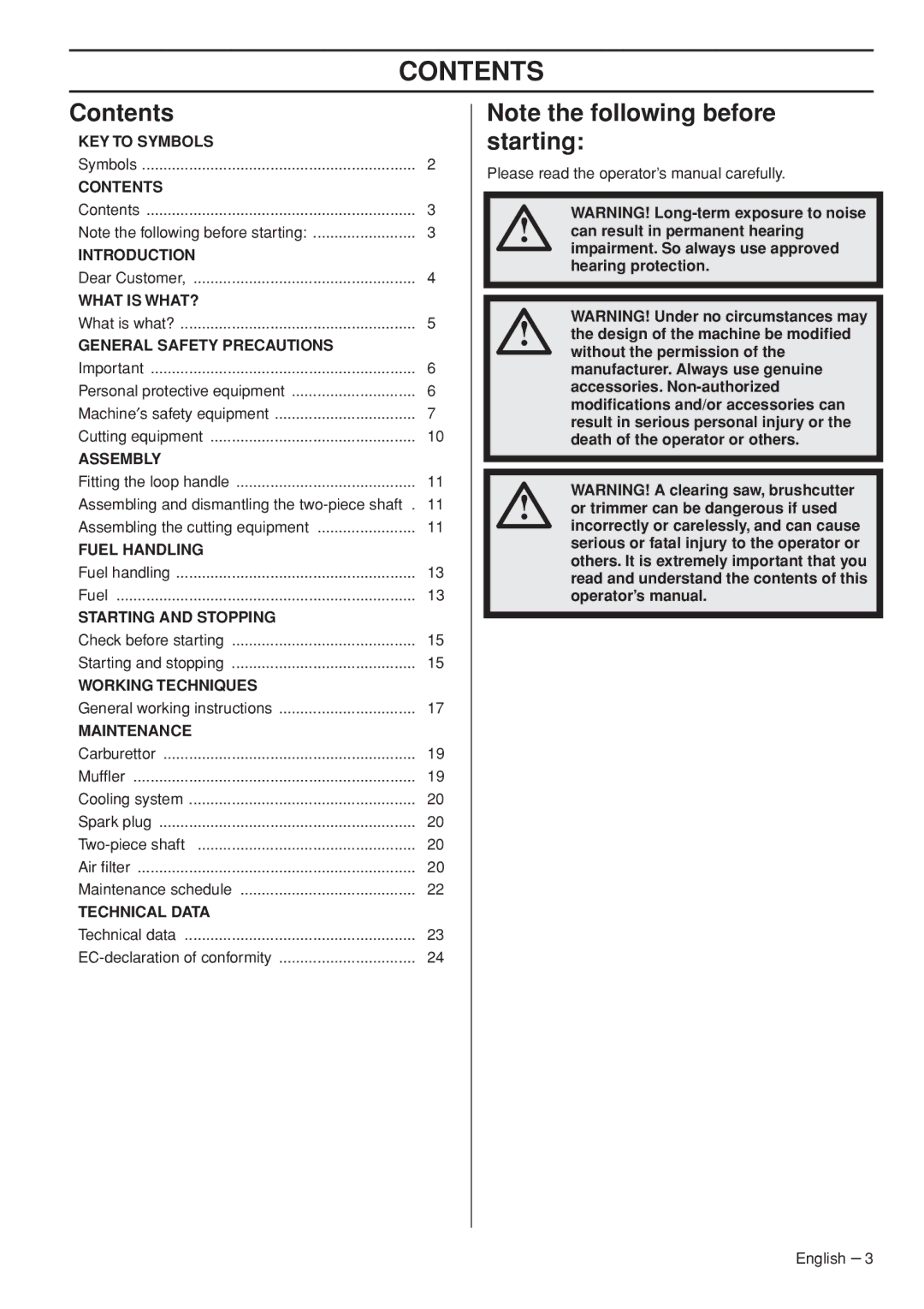 Husqvarna 1153286-26 manual Contents 