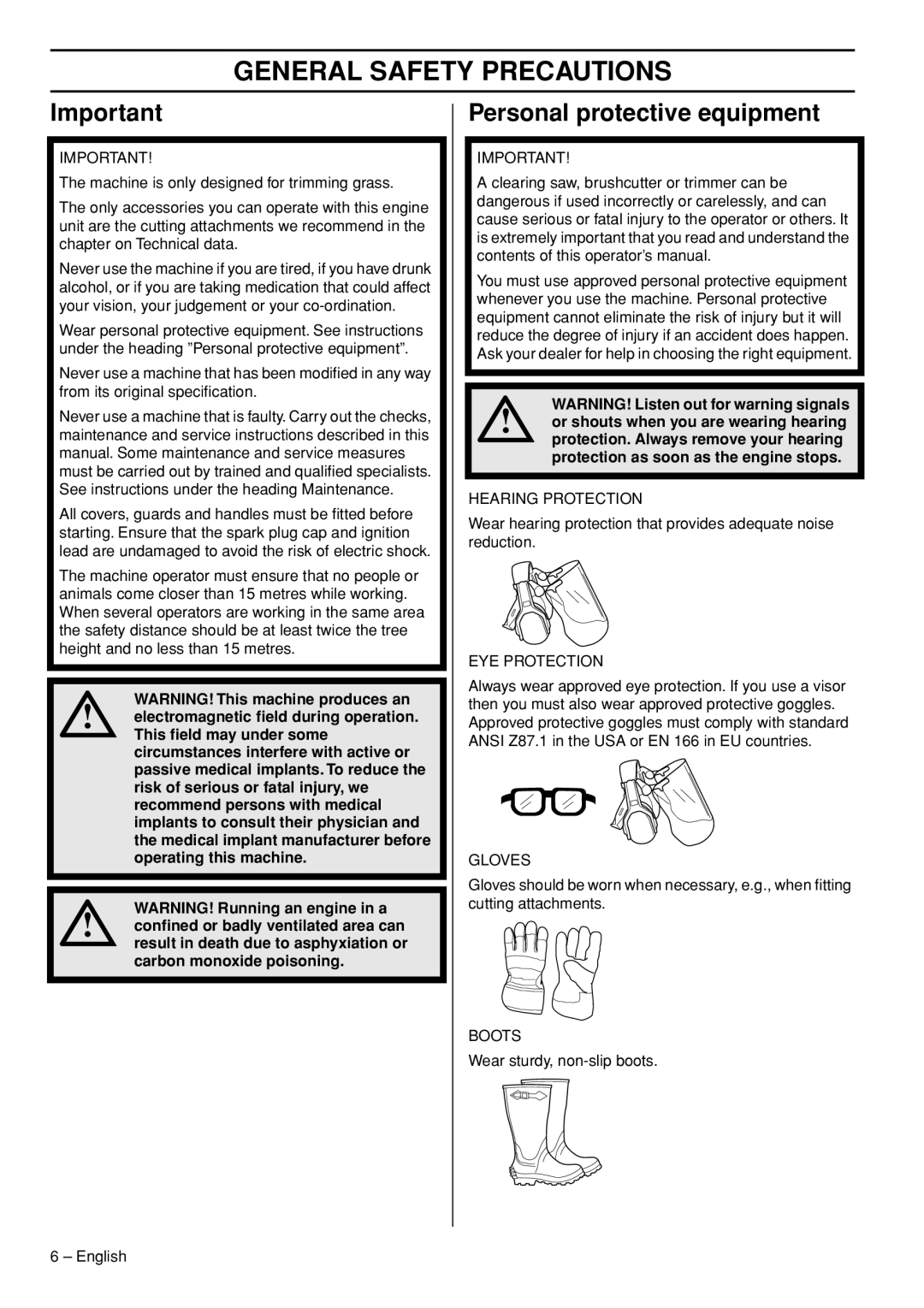 Husqvarna 1153286-26 manual General Safety Precautions, Personal protective equipment 