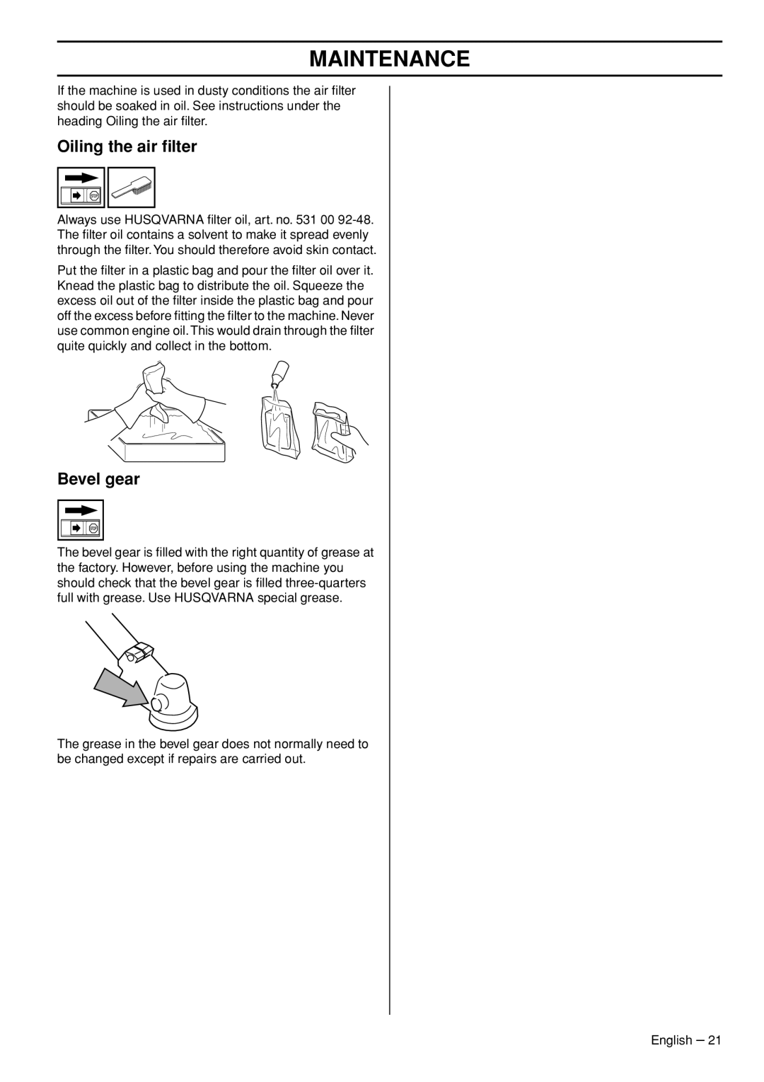 Husqvarna 1153286-26 manual Oiling the air ﬁlter, Bevel gear, Maintenance 