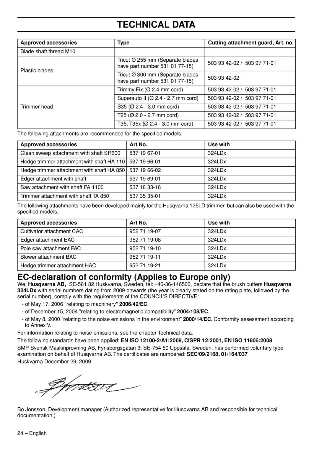 Husqvarna 1153286-26 EC-declaration of conformity Applies to Europe only, Approved accessories, Type, Art No, Use with 