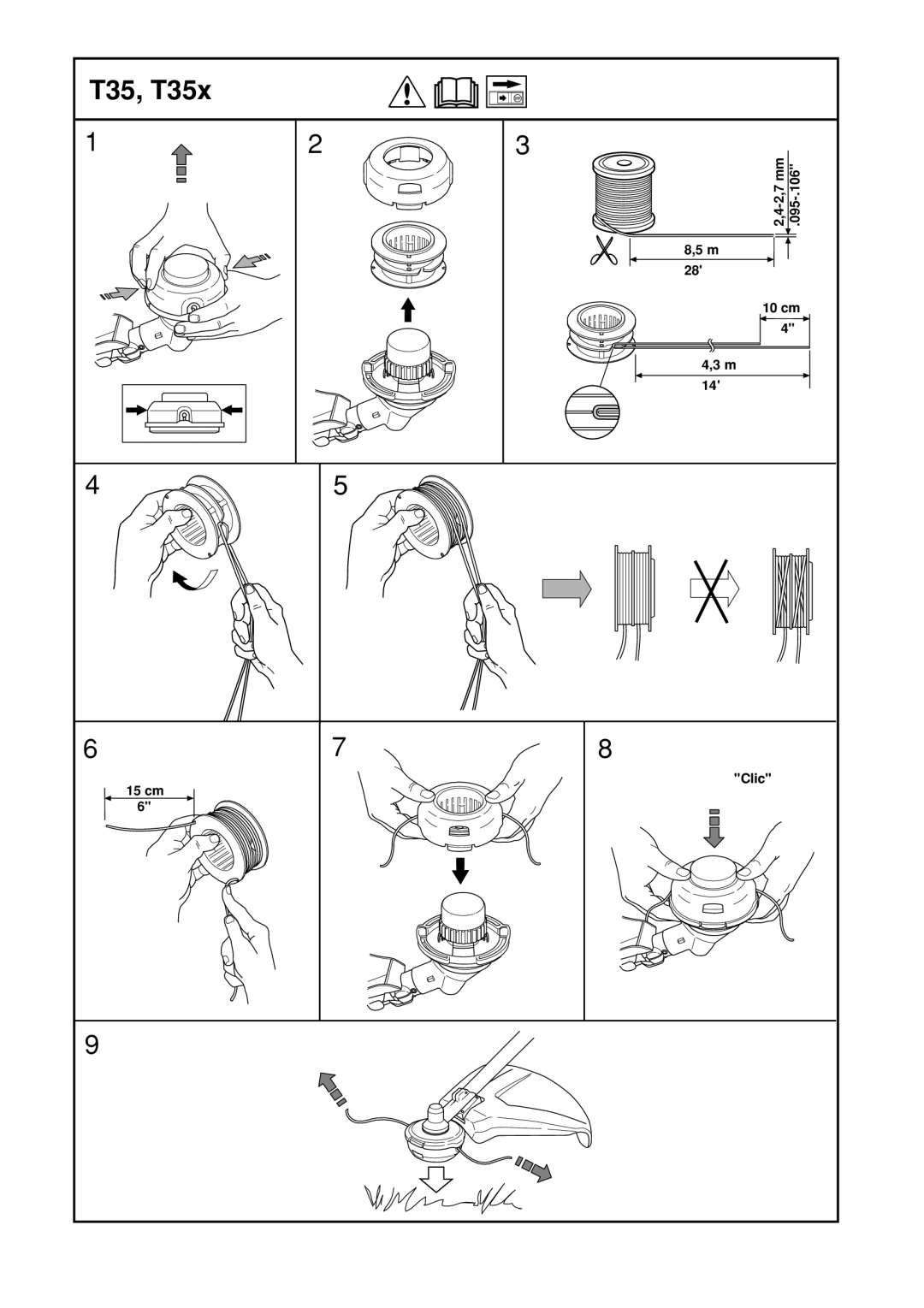 Husqvarna 1153286-26 manual T35, T35x, 8,5 m, 10 cm 4,3 m, 15 cm, Clic, 2,4-2,7 mm 