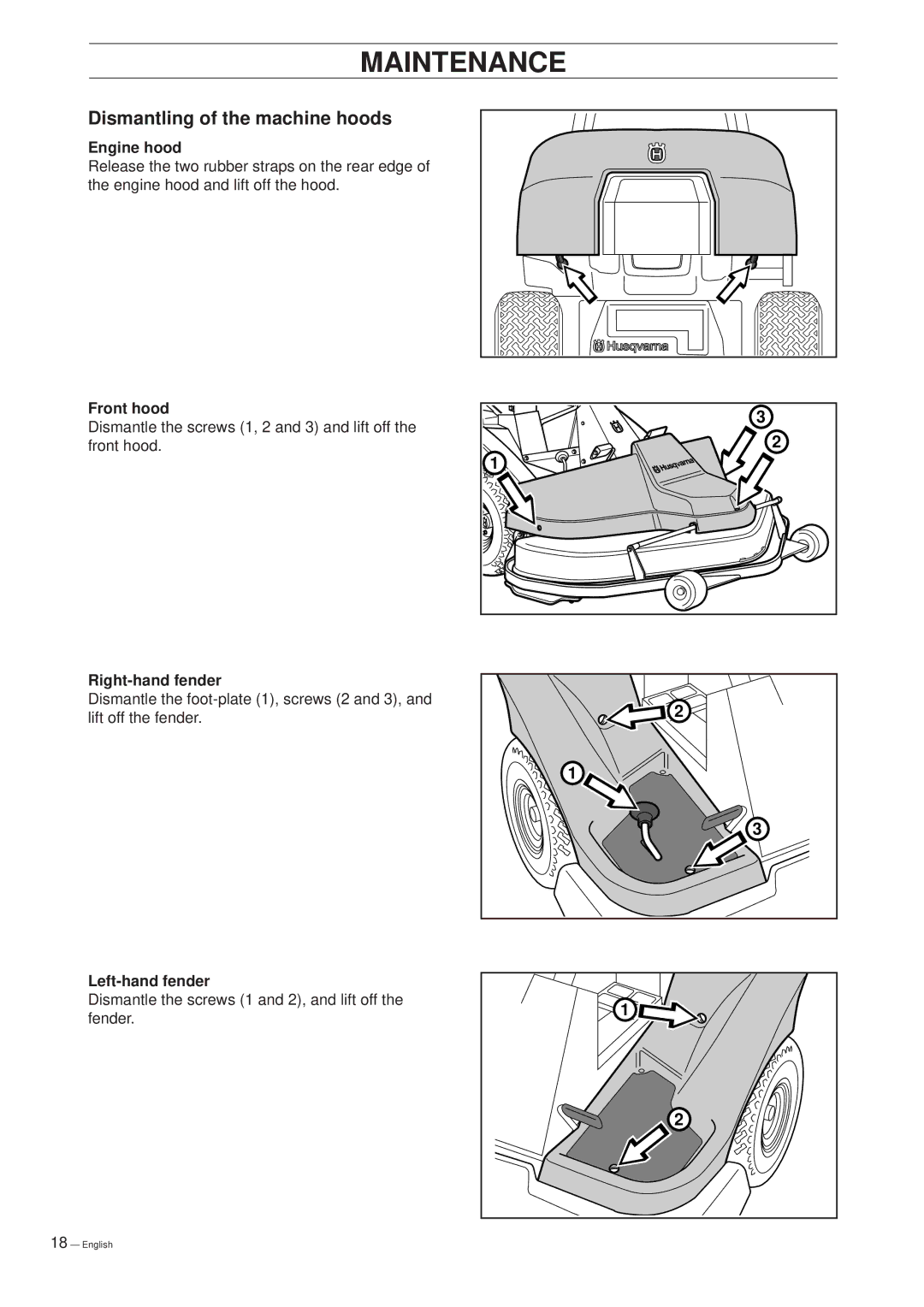 Husqvarna 1200 manual Dismantling of the machine hoods, Engine hood, Front hood, Right-hand fender, Left-hand fender 