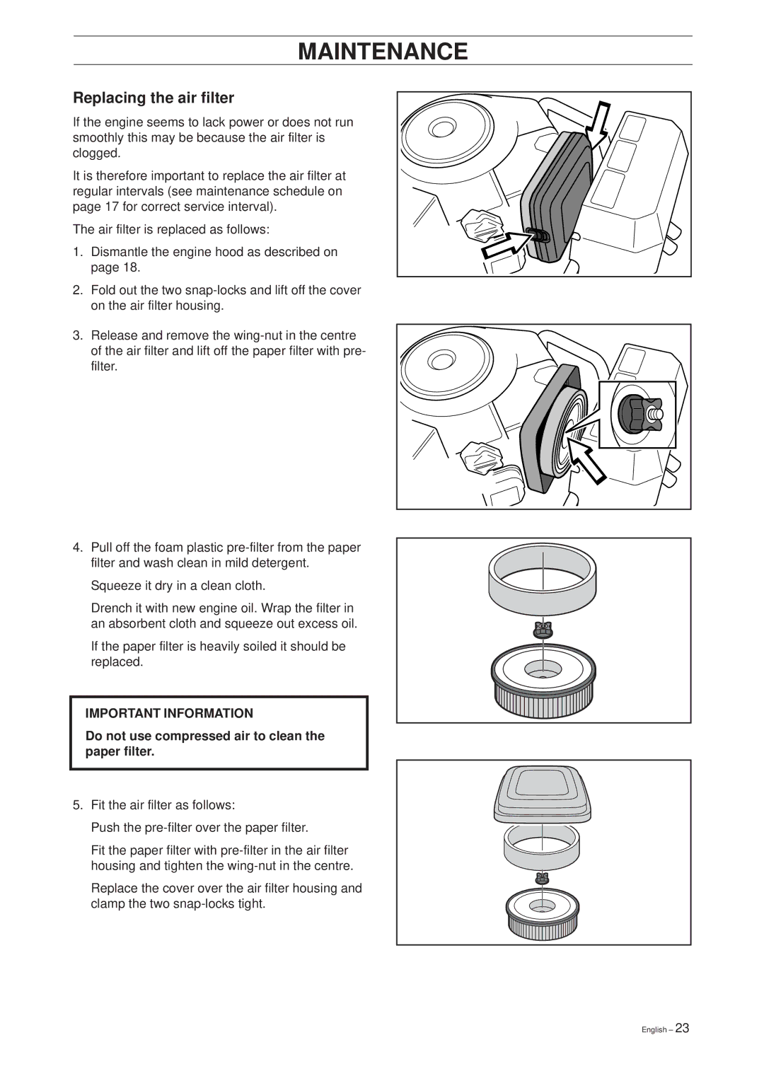 Husqvarna 1030 BioClip, 1200 manual Replacing the air filter, Do not use compressed air to clean the paper filter 