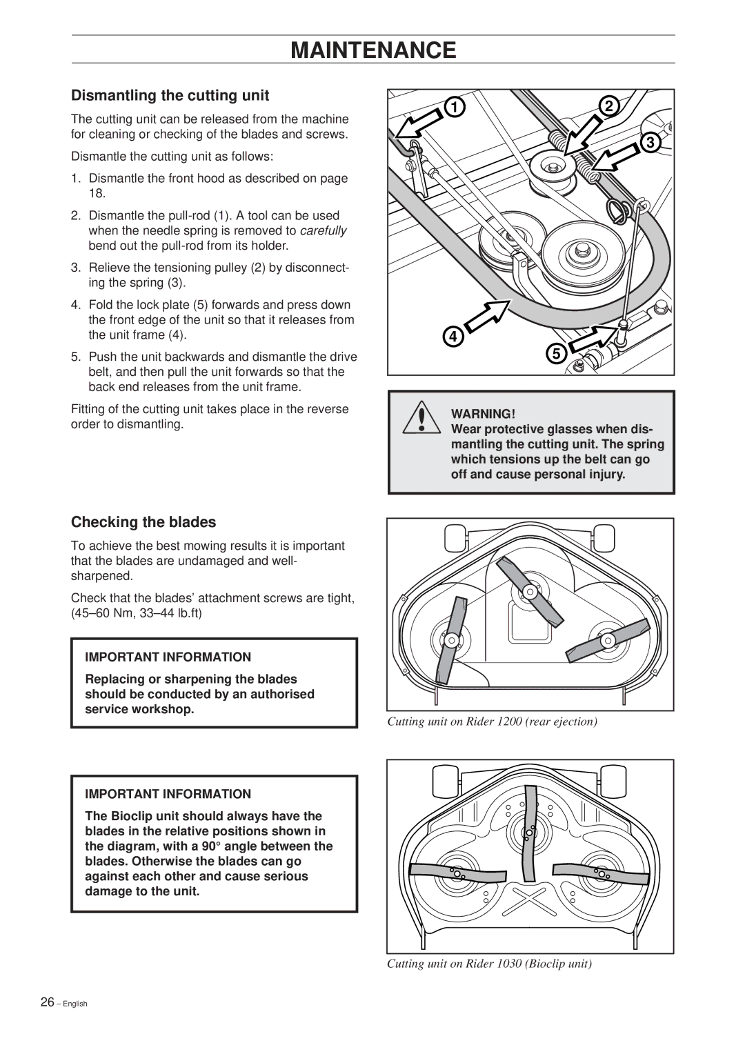 Husqvarna 1200, 1030 BioClip manual Dismantling the cutting unit, Checking the blades 