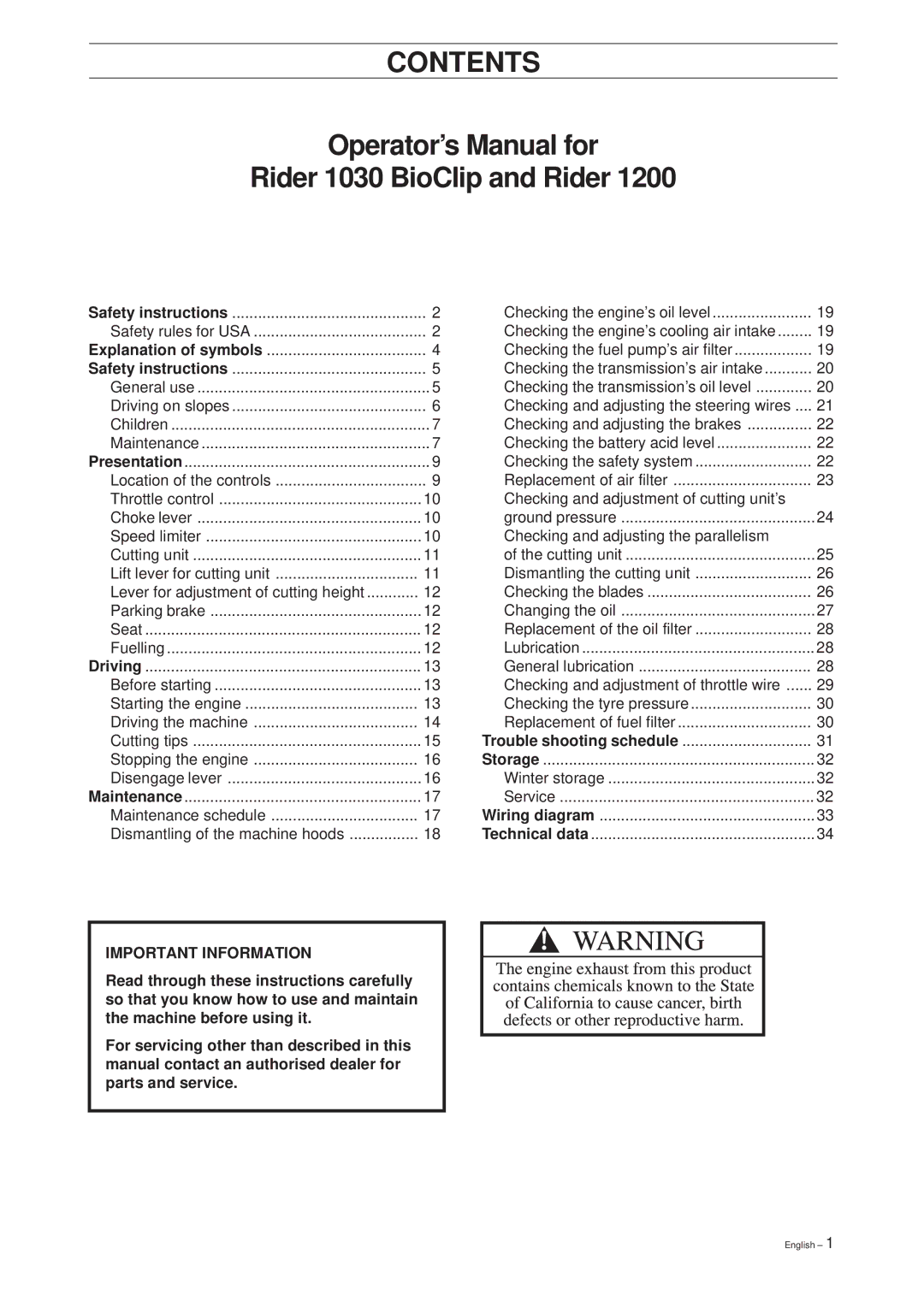 Husqvarna 1030 BioClip, 1200 manual Contents 