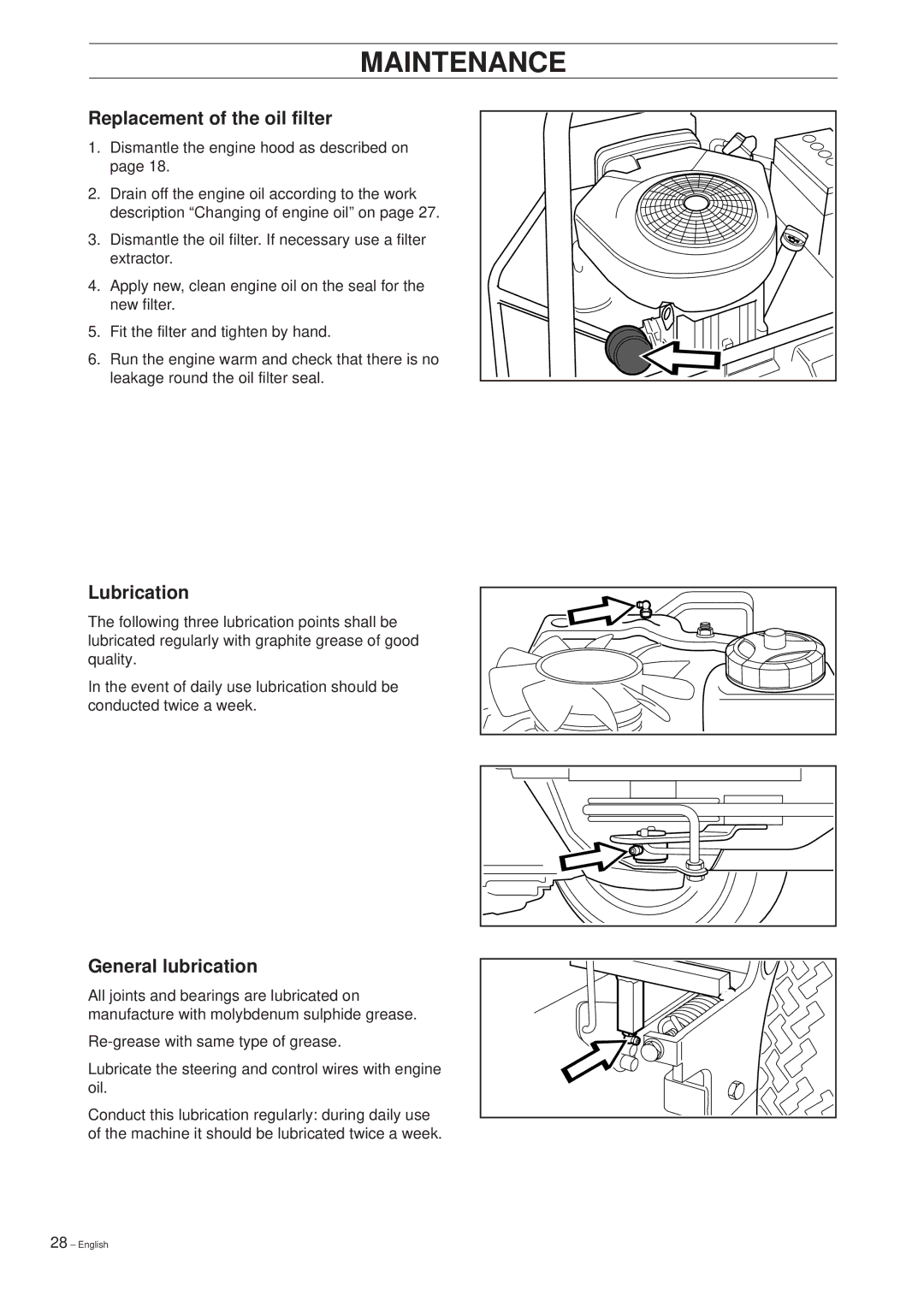 Husqvarna 1200, 1030 BioClip manual Replacement of the oil filter, Lubrication, General lubrication 