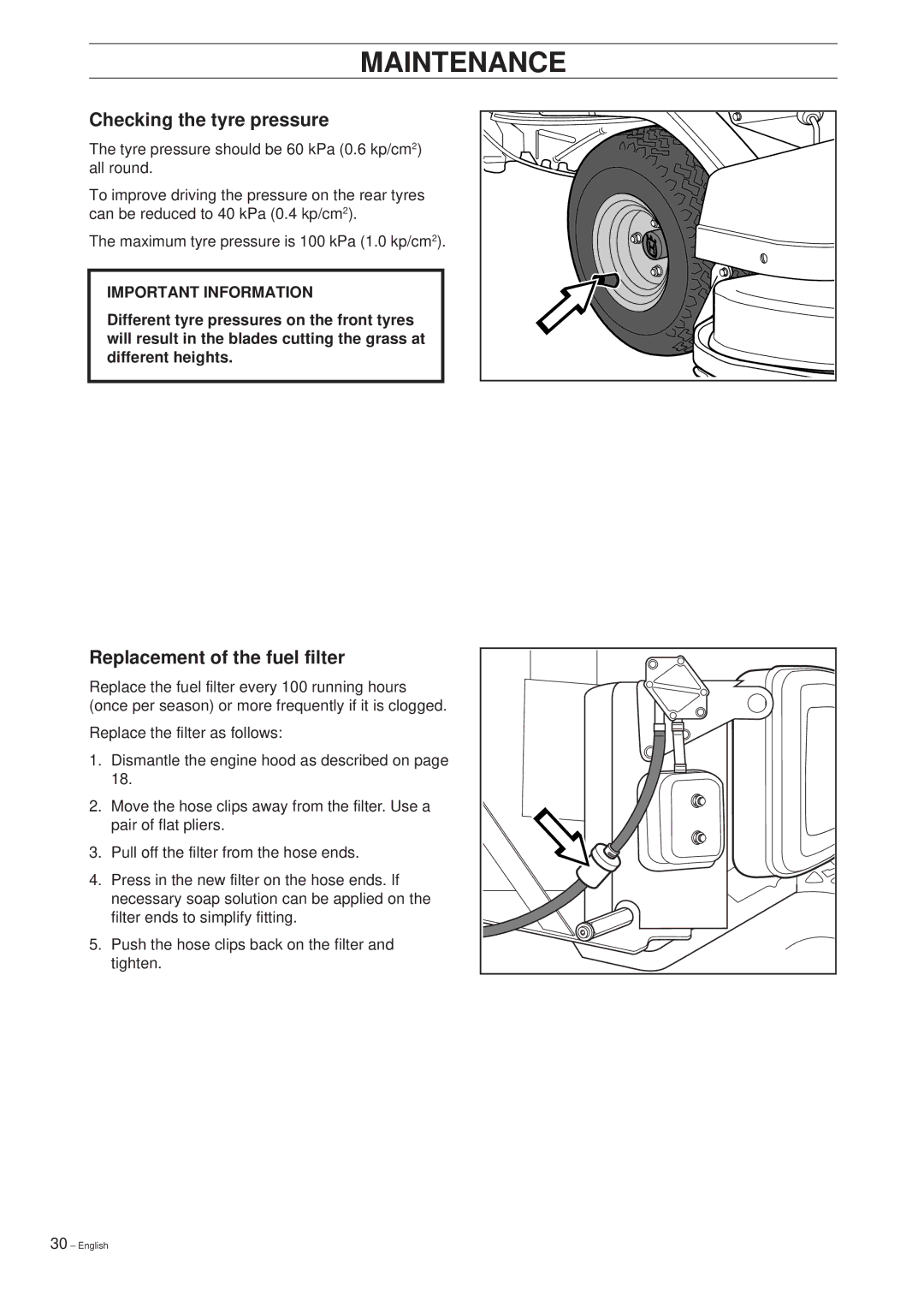 Husqvarna 1200, 1030 BioClip manual Checking the tyre pressure, Replacement of the fuel filter 