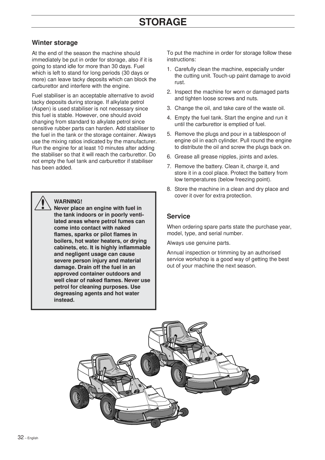 Husqvarna 1200, 1030 BioClip manual Storage, Winter storage, Service 